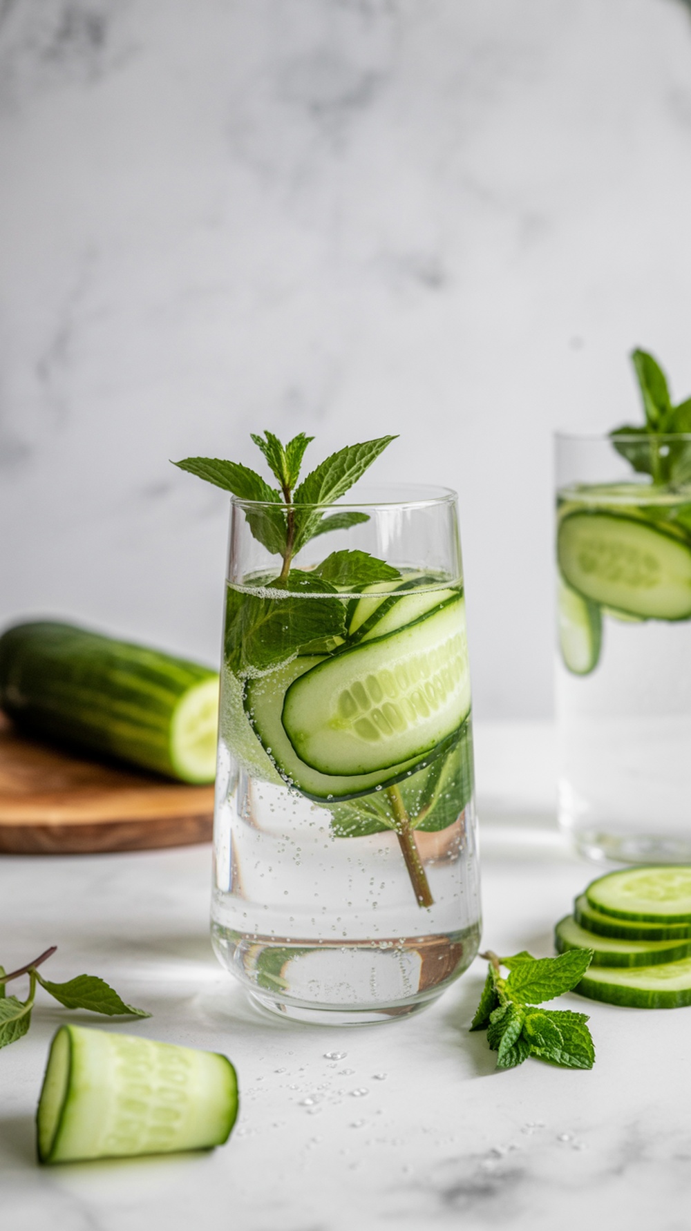 Cucumber mint infused sparkling water in a glass with cucumber slices and mint leaves
