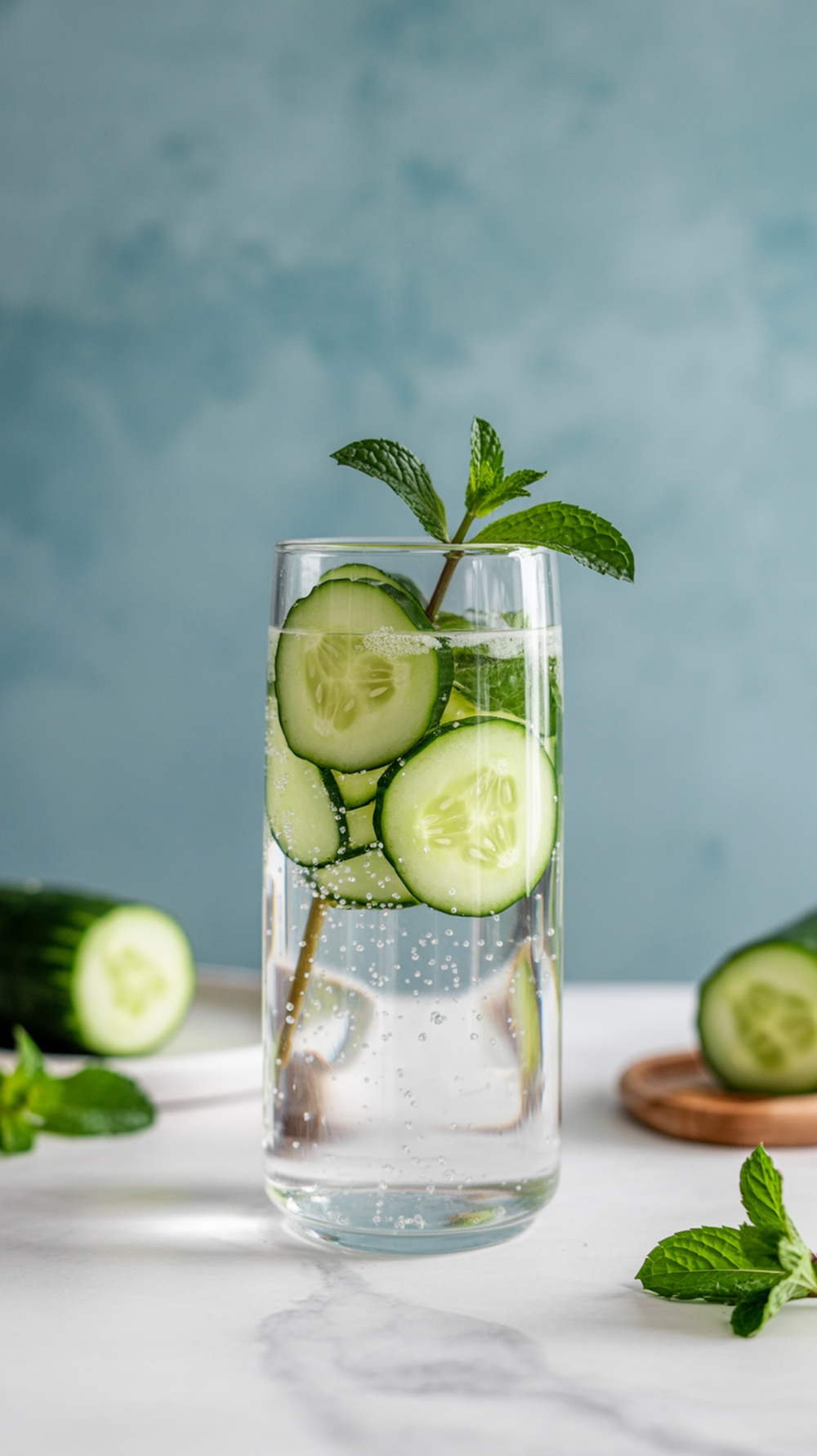 A refreshing glass of cucumber mint sparkling water with mint leaves and cucumber slices.