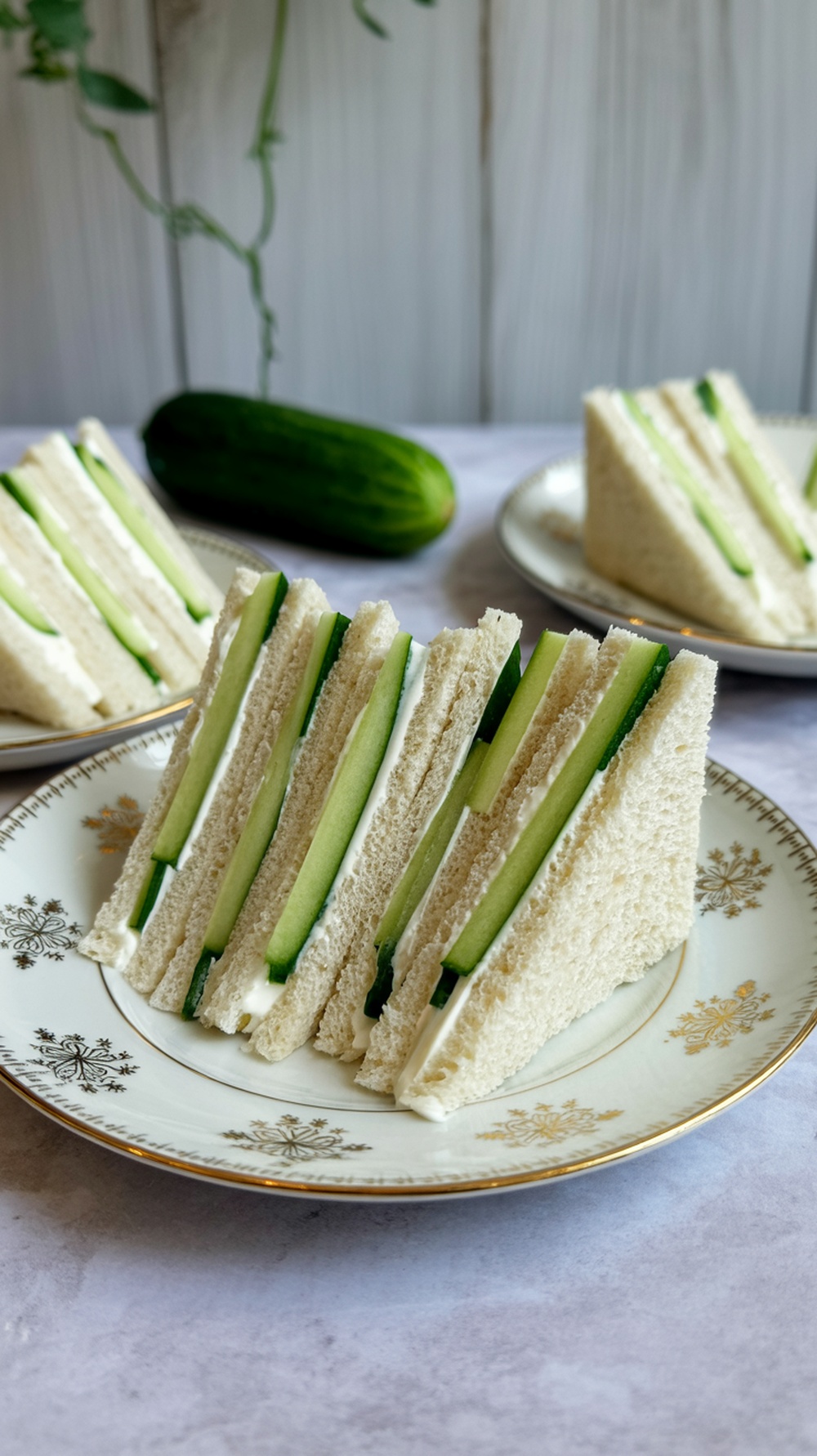 Cucumber sandwiches with cream cheese arranged on a plate