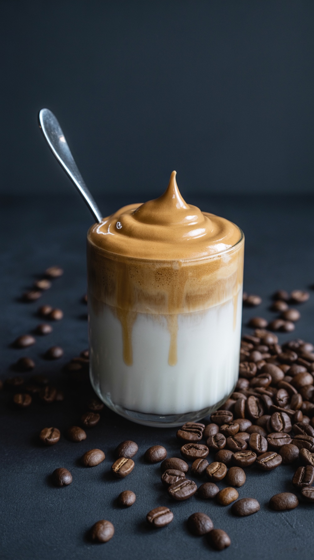 A glass of whipped Dalgona coffee with a spoon and coffee beans scattered around.