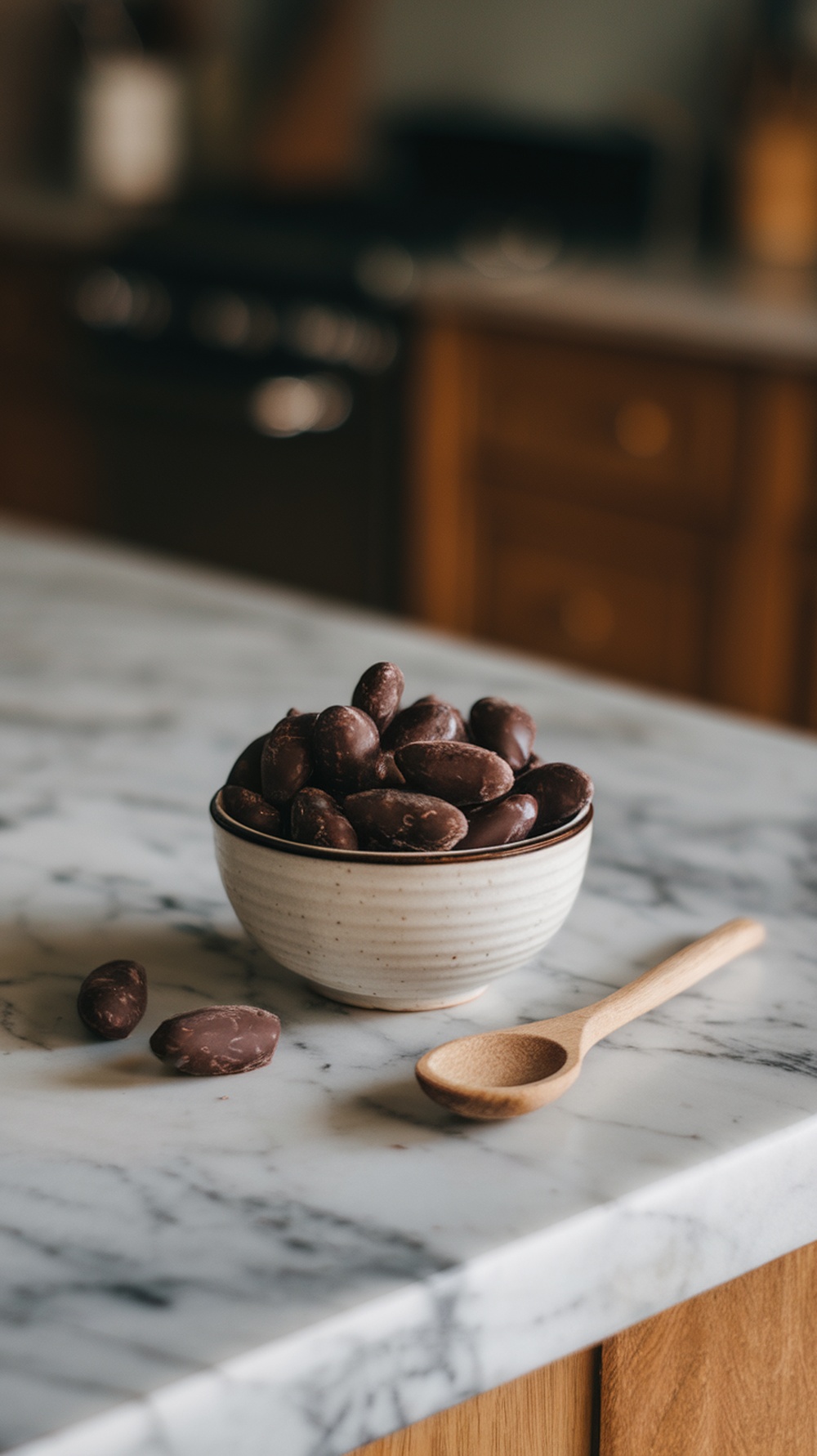 A bowl of dark chocolate-covered almonds on a marble countertop.