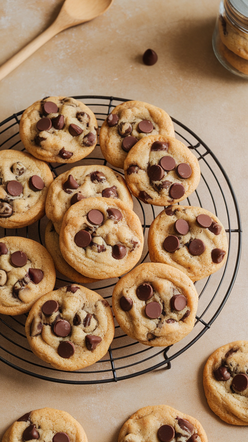 Freshly baked chocolate chip cookies on a cooling rack