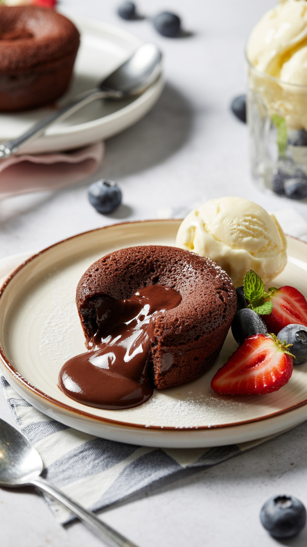 Decadent chocolate lava cake served with ice cream and fresh berries