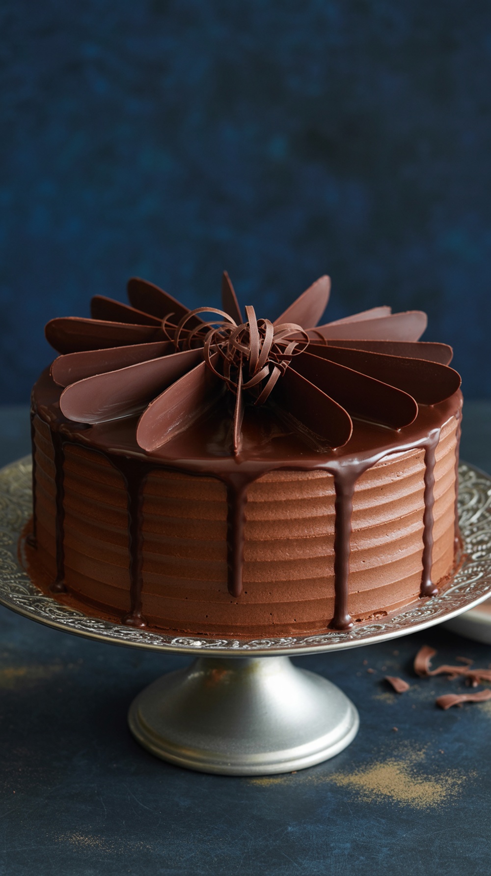 A decadent chocolate layer cake decorated with chocolate curls and glossy ganache.