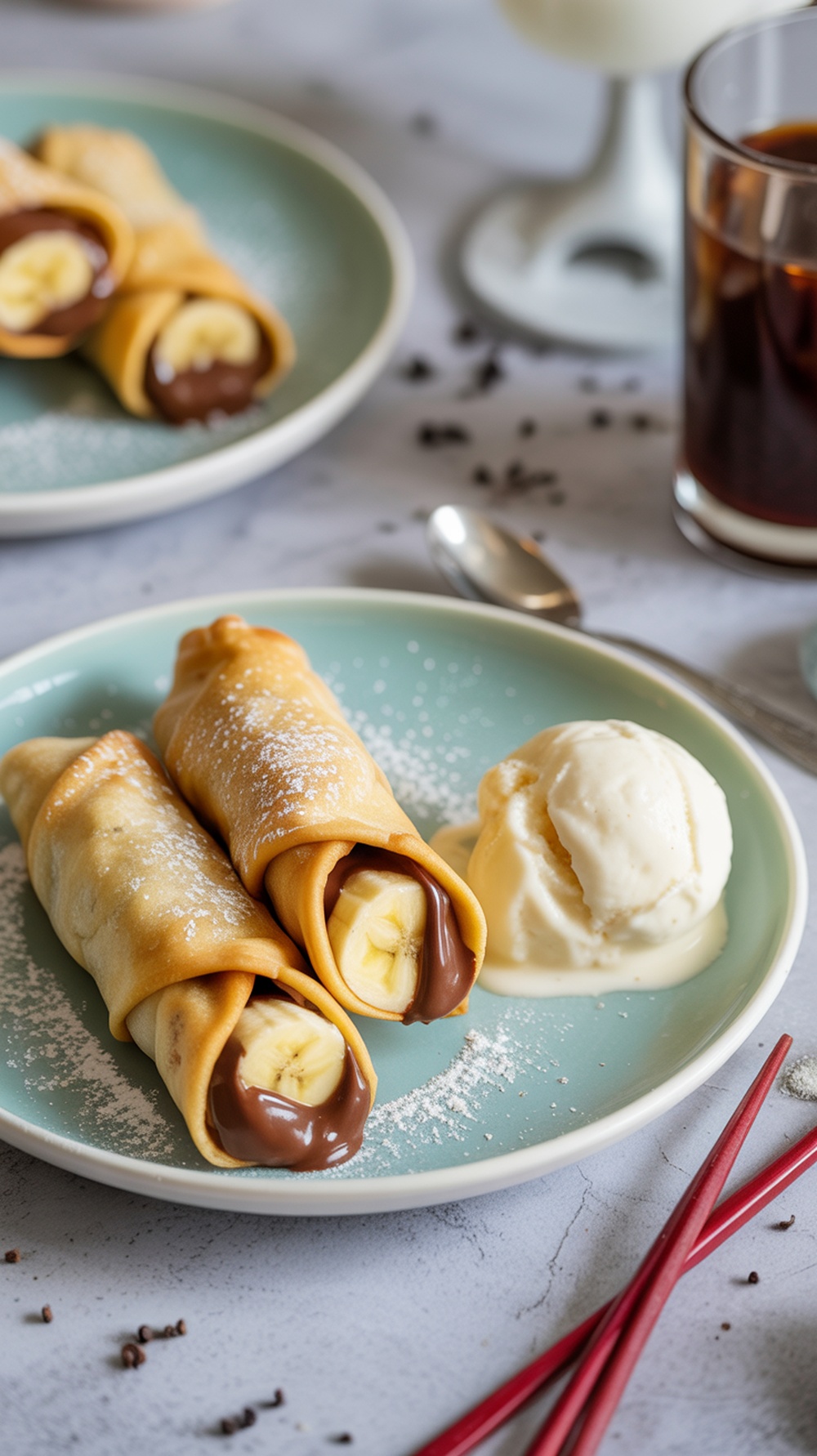 Delicious dessert eggrolls filled with chocolate and bananas, served with ice cream.