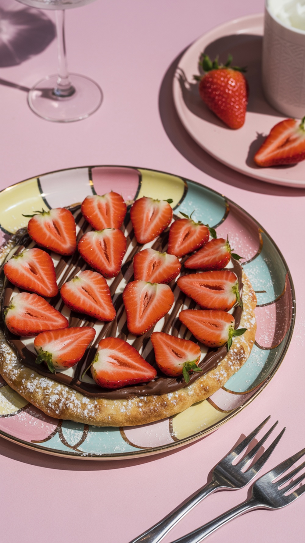 A dessert pizza topped with Nutella and sliced strawberries on a colorful plate.