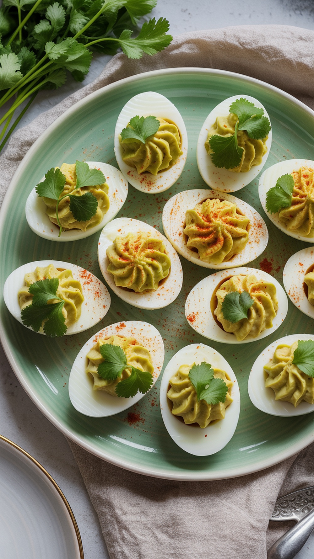 A plate of deviled eggs topped with cilantro and paprika.