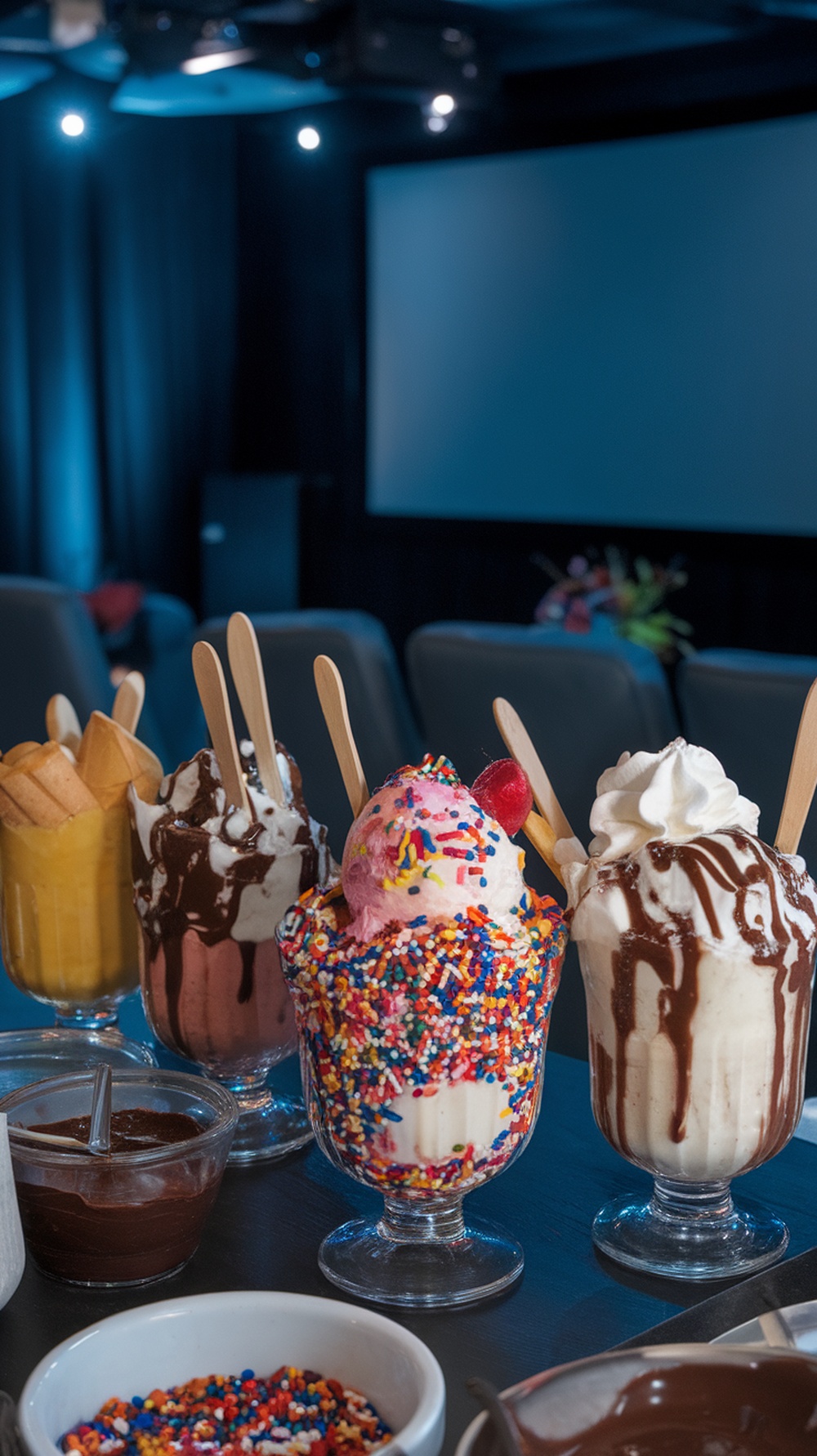 An array of colorful ice cream sundaes in a movie theater setting