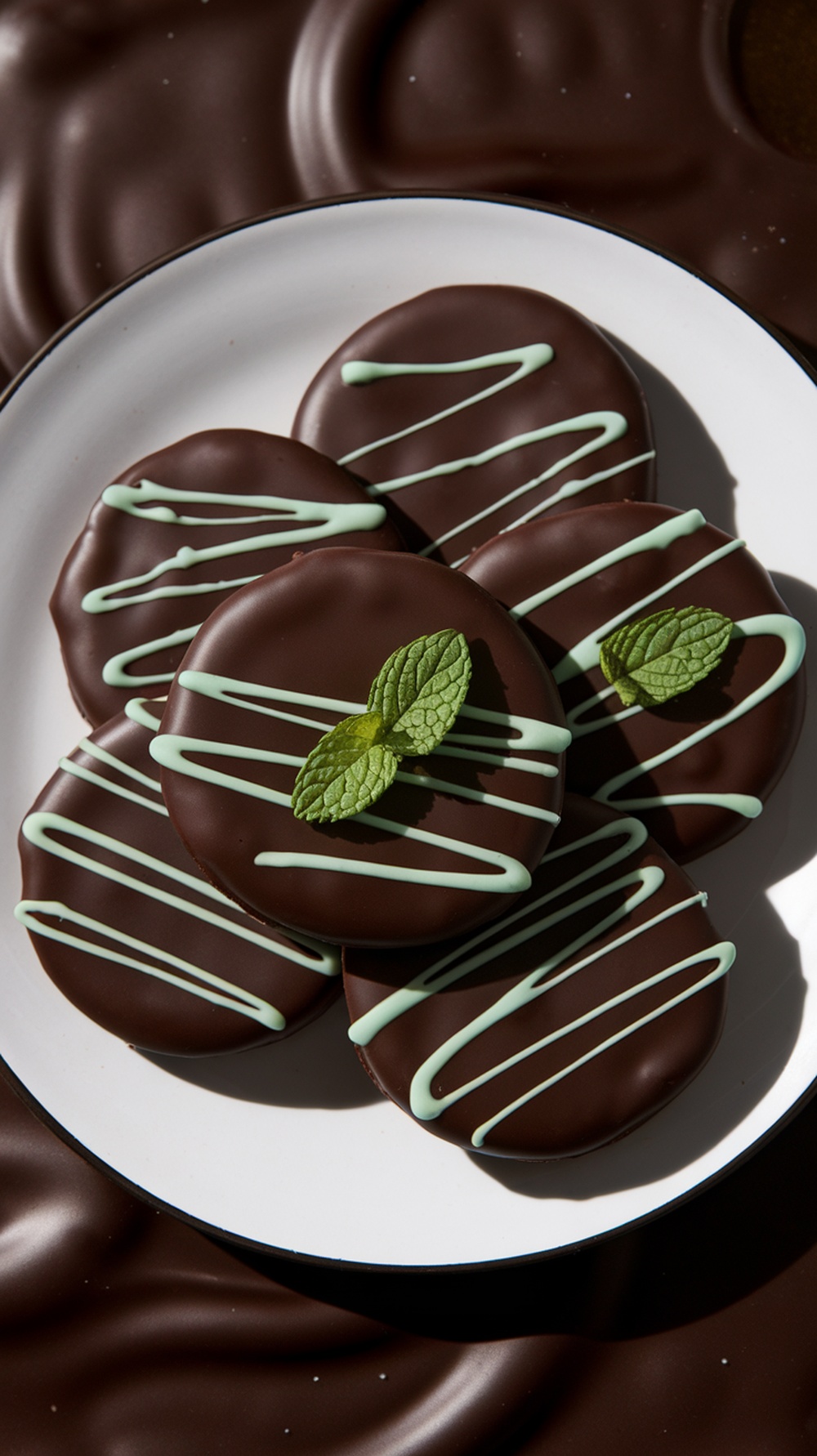 Plate of double chocolate mint cookies with mint leaves and chocolate drizzle