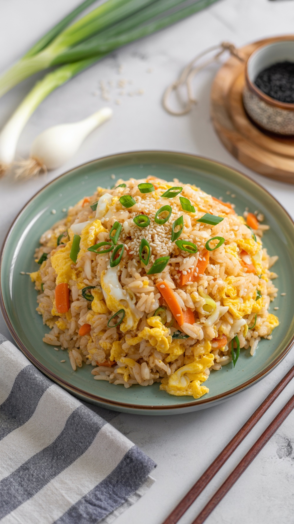 A plate of egg and vegetable fried rice garnished with green onions and sesame seeds.