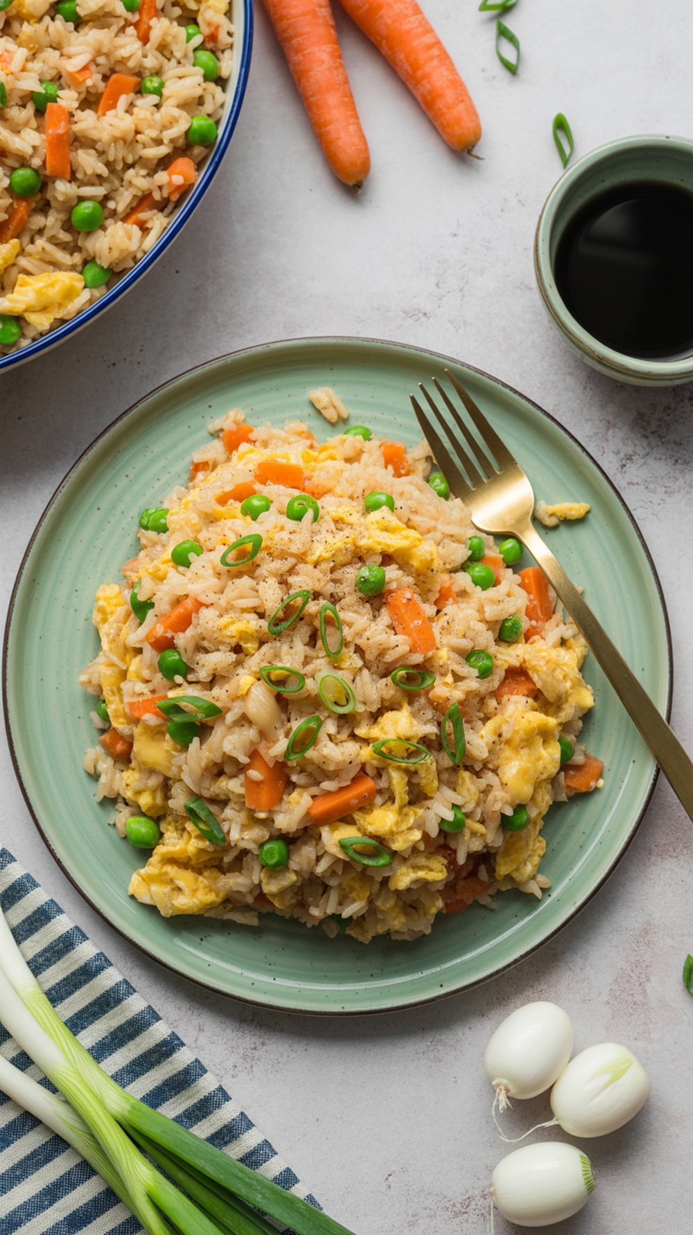 A plate of egg fried rice with peas, carrots, and green onions.