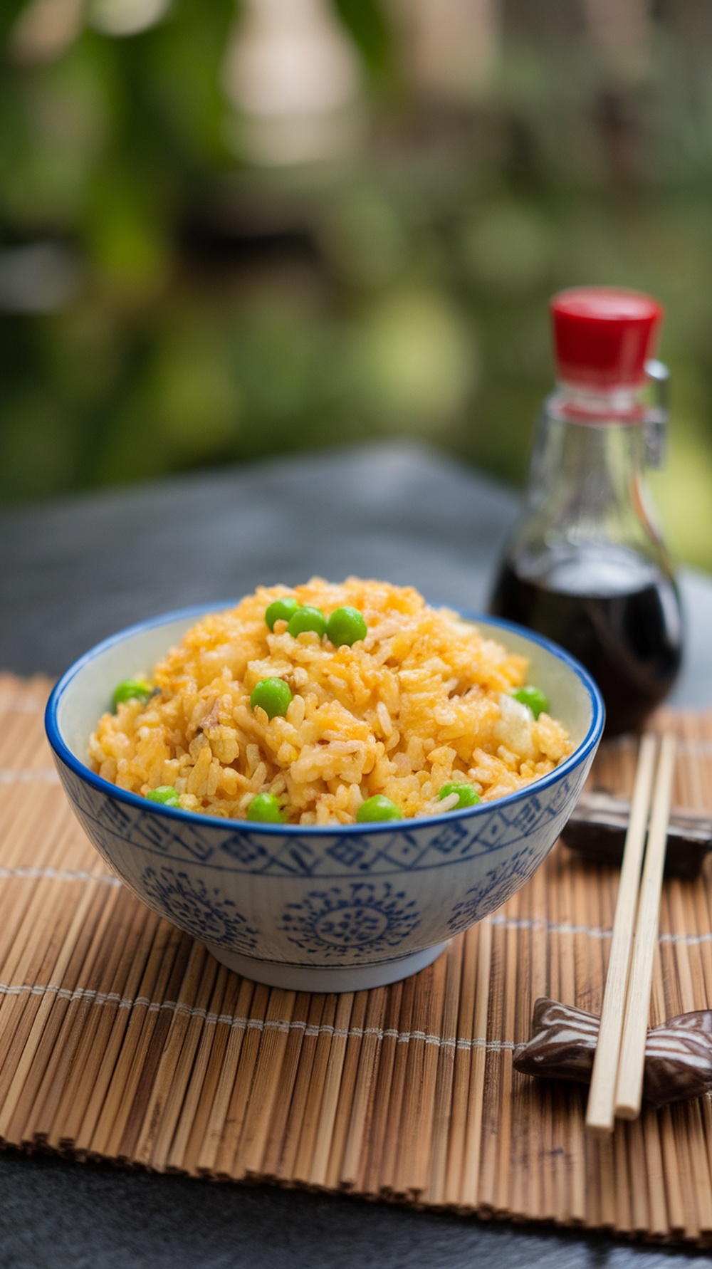 A bowl of egg fried rice with peas, garnished with green peas, served with soy sauce.