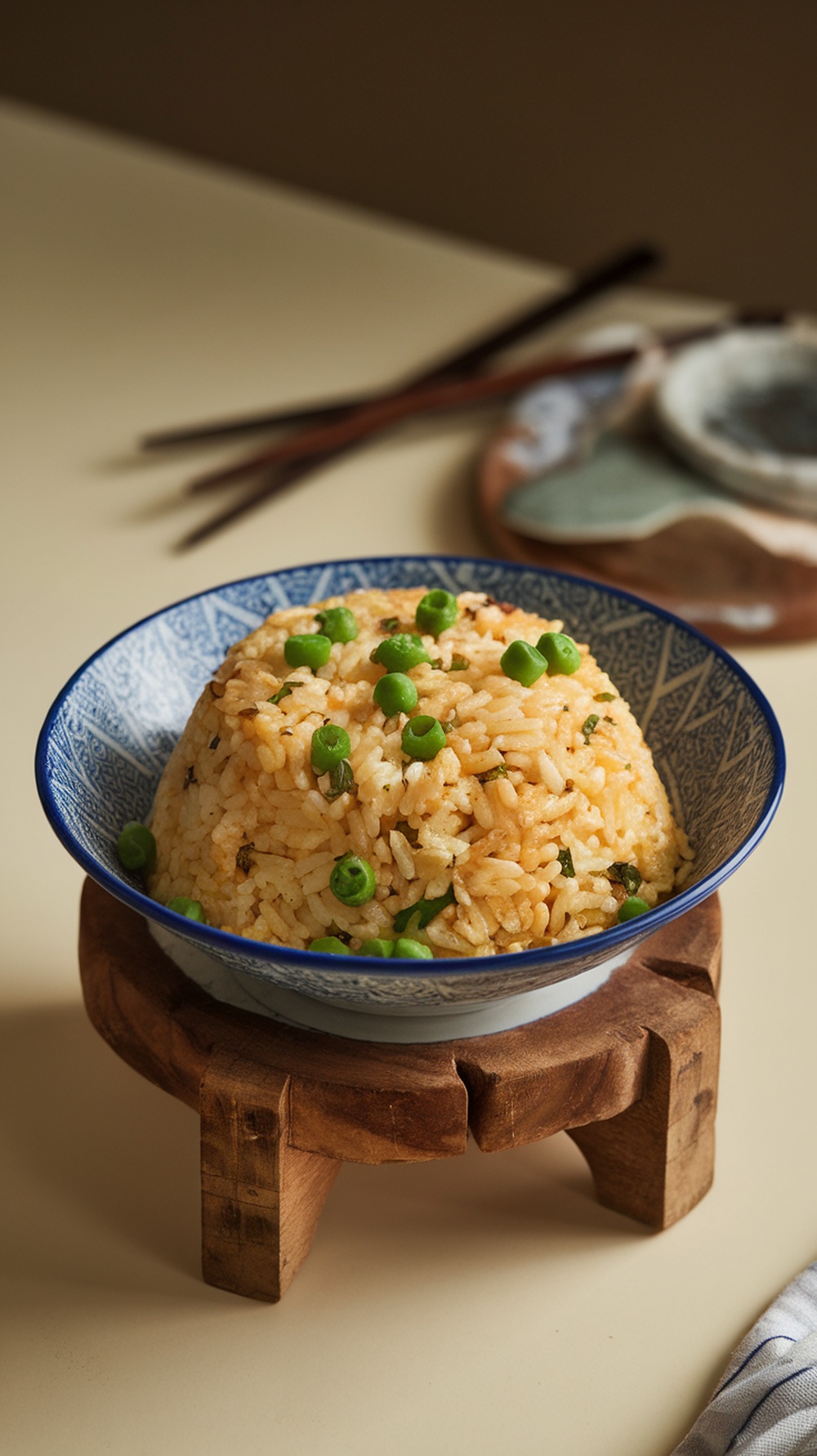Bowl of egg fried rice with peas displayed on wooden stand.