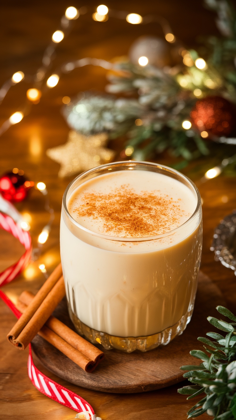 A glass of eggnog with a sprinkle of nutmeg, surrounded by holiday decorations.