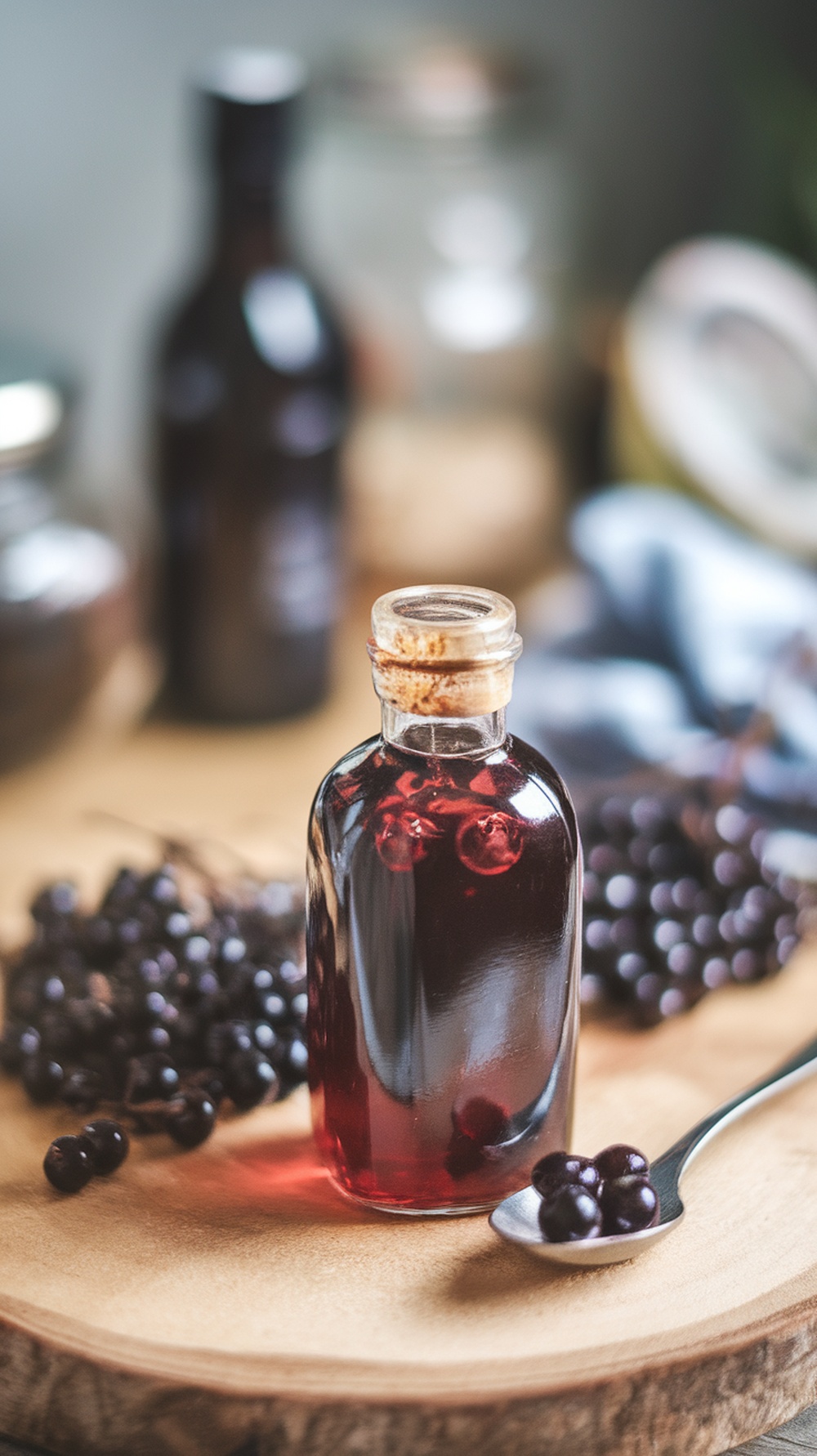 A bottle of homemade elderberry syrup with elderberries scattered around.