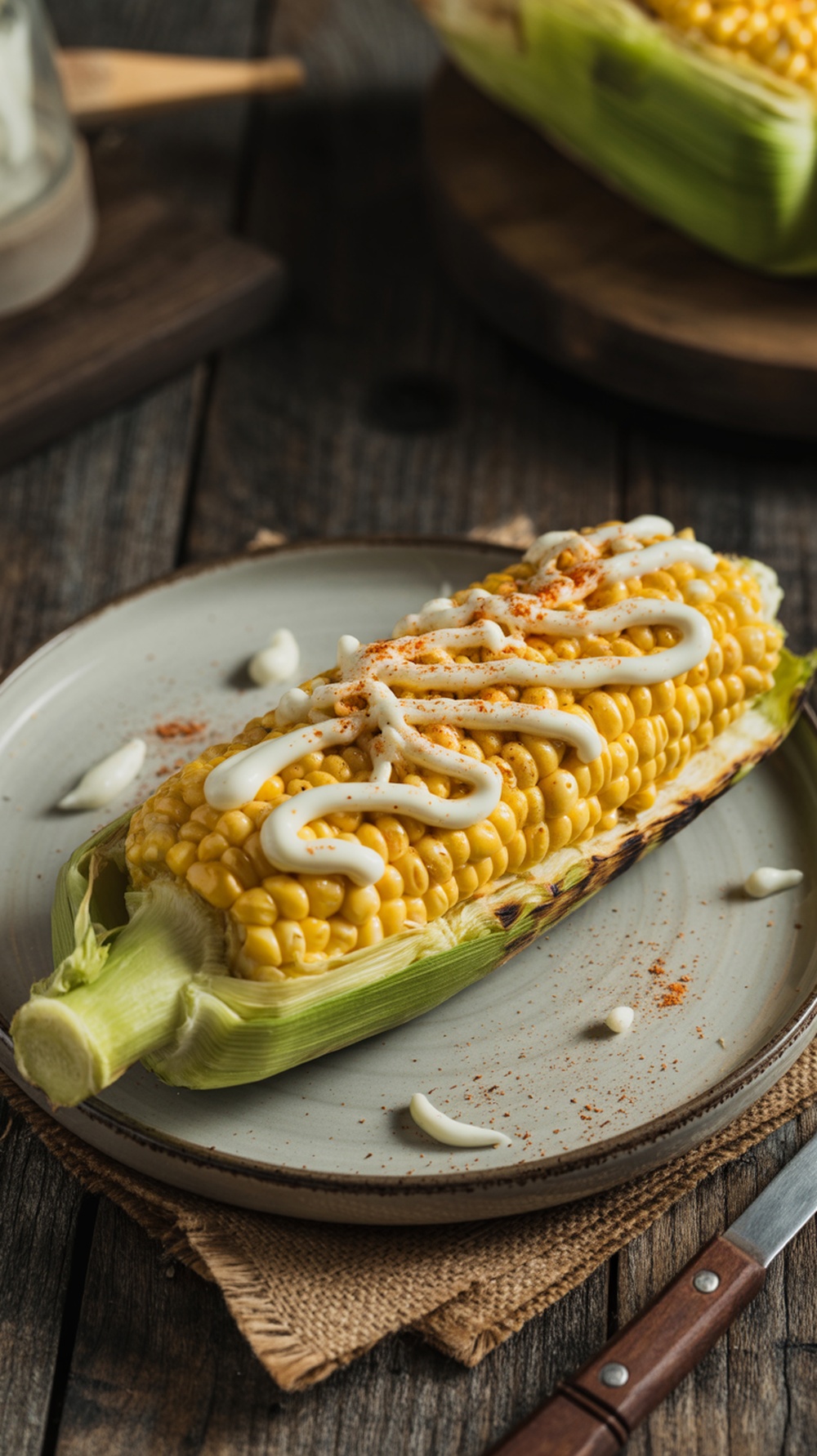 Delicious Mexican street corn with creamy sauce and spices