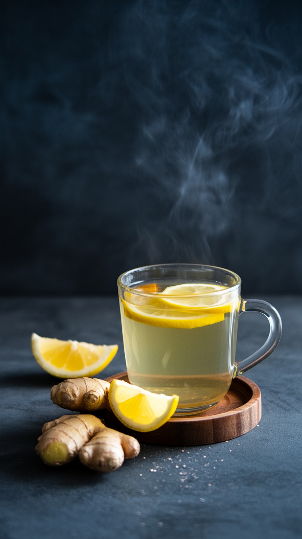 A cup of steaming fermented ginger tea with lemon slices and fresh ginger root beside it.