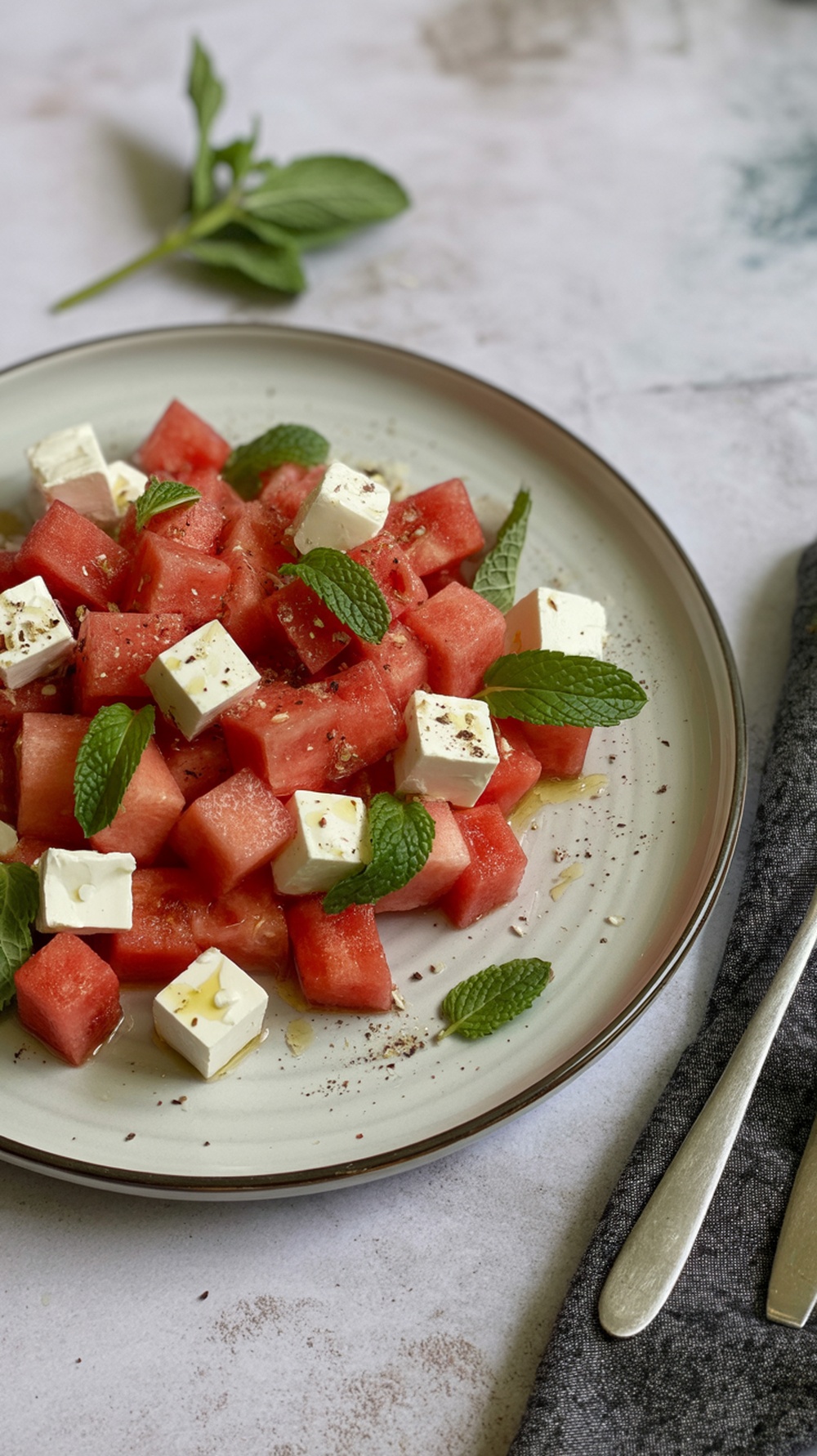 A plate of feta and watermelon salad garnished with mint leaves.