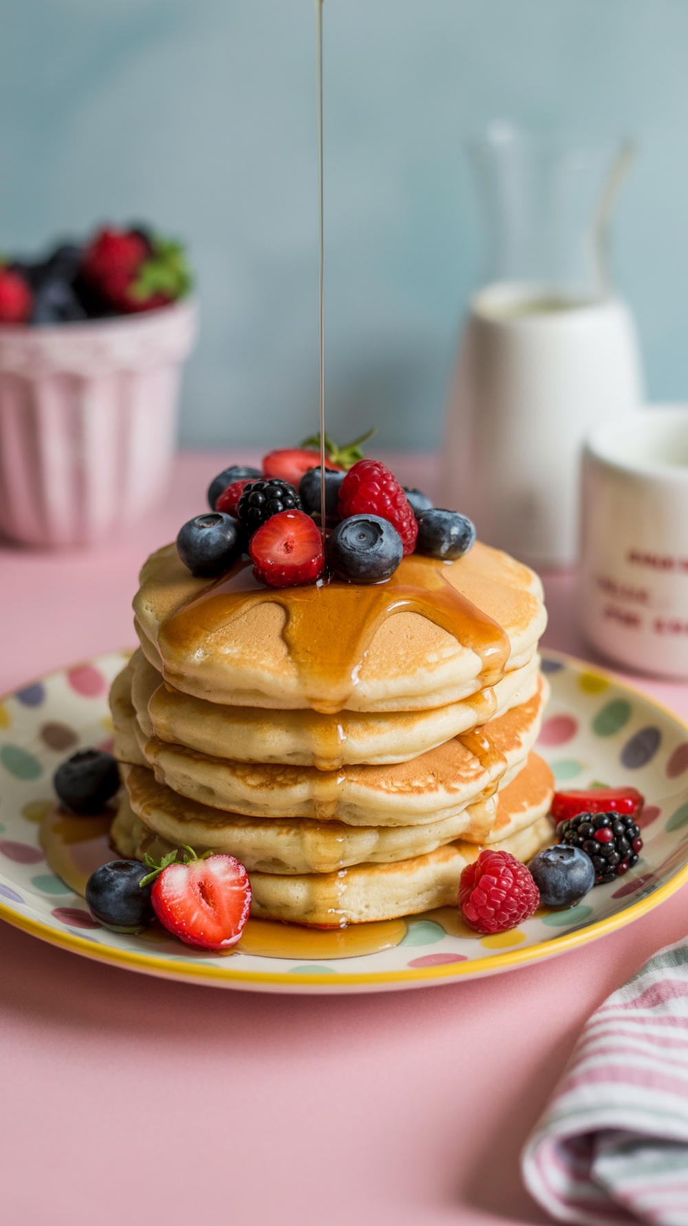 A stack of fluffy cloud pancakes topped with fresh berries and syrup.