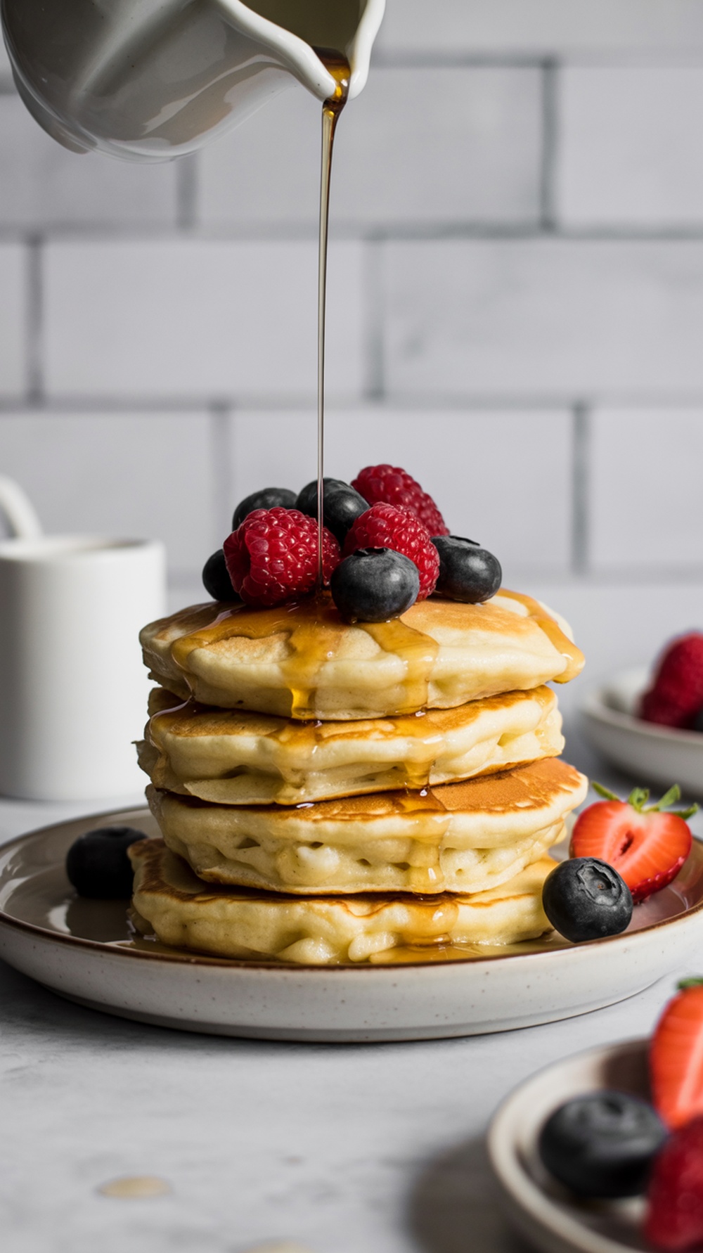 Fluffy lemon ricotta pancakes stacked with fresh berries on top