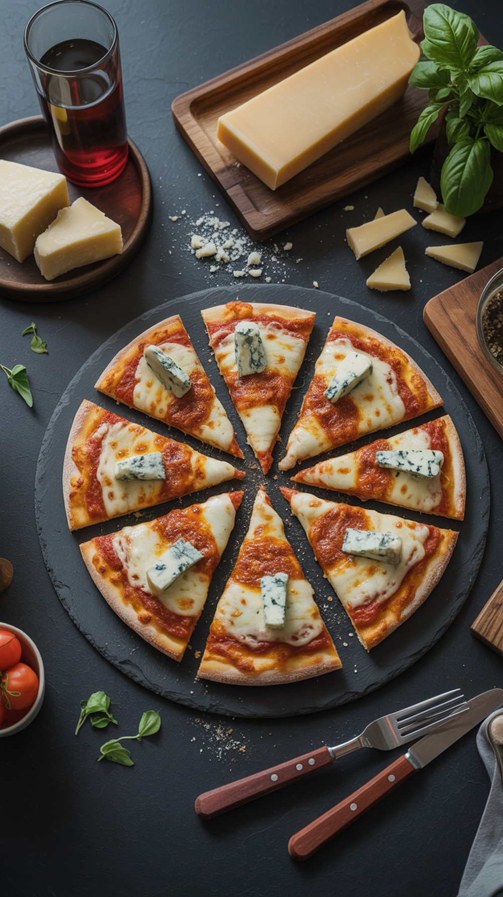 A delicious four cheese pizza with a medley of cheeses and fresh basil.