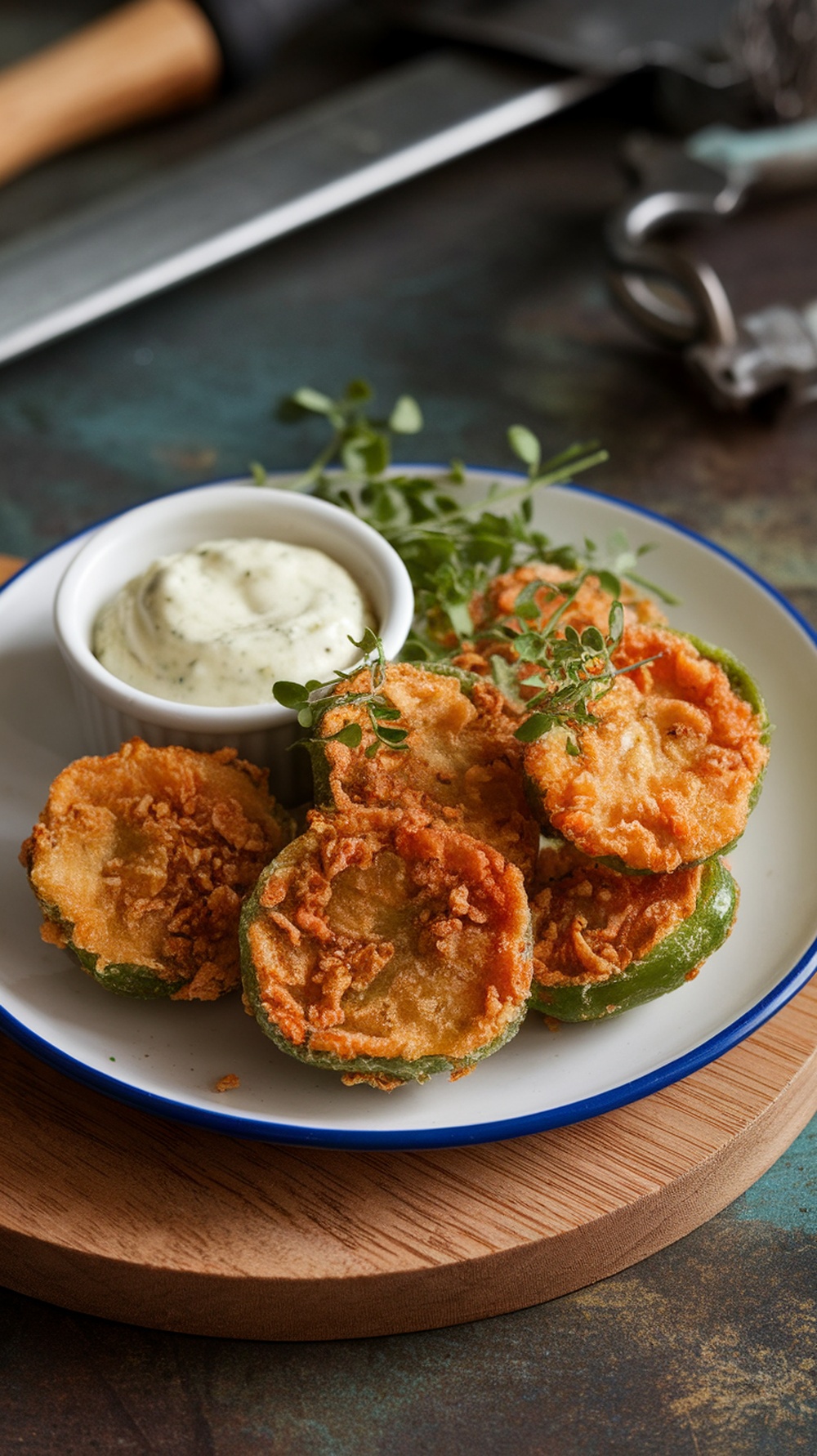 Fried green tomatoes on a plate with a remoulade dipping sauce