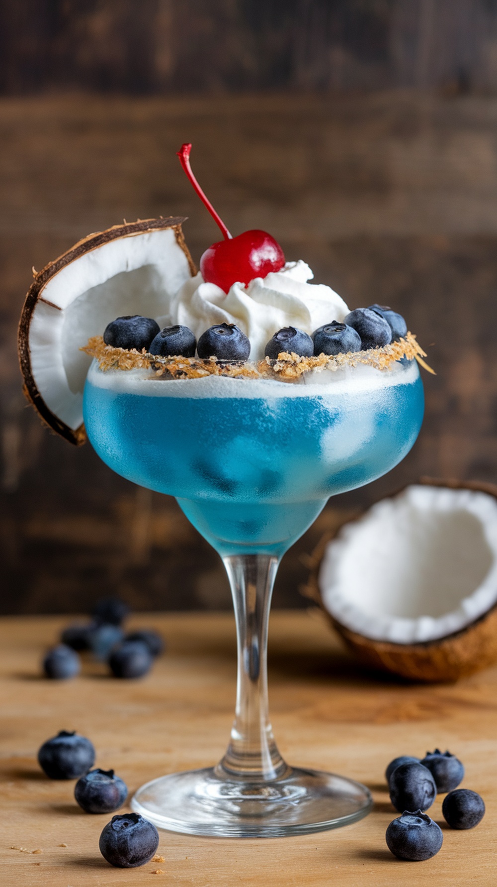 A vibrant Frozen Blueberry Coconut Daiquiri topped with whipped cream and garnished with blueberries and a cherry, next to a coconut half.