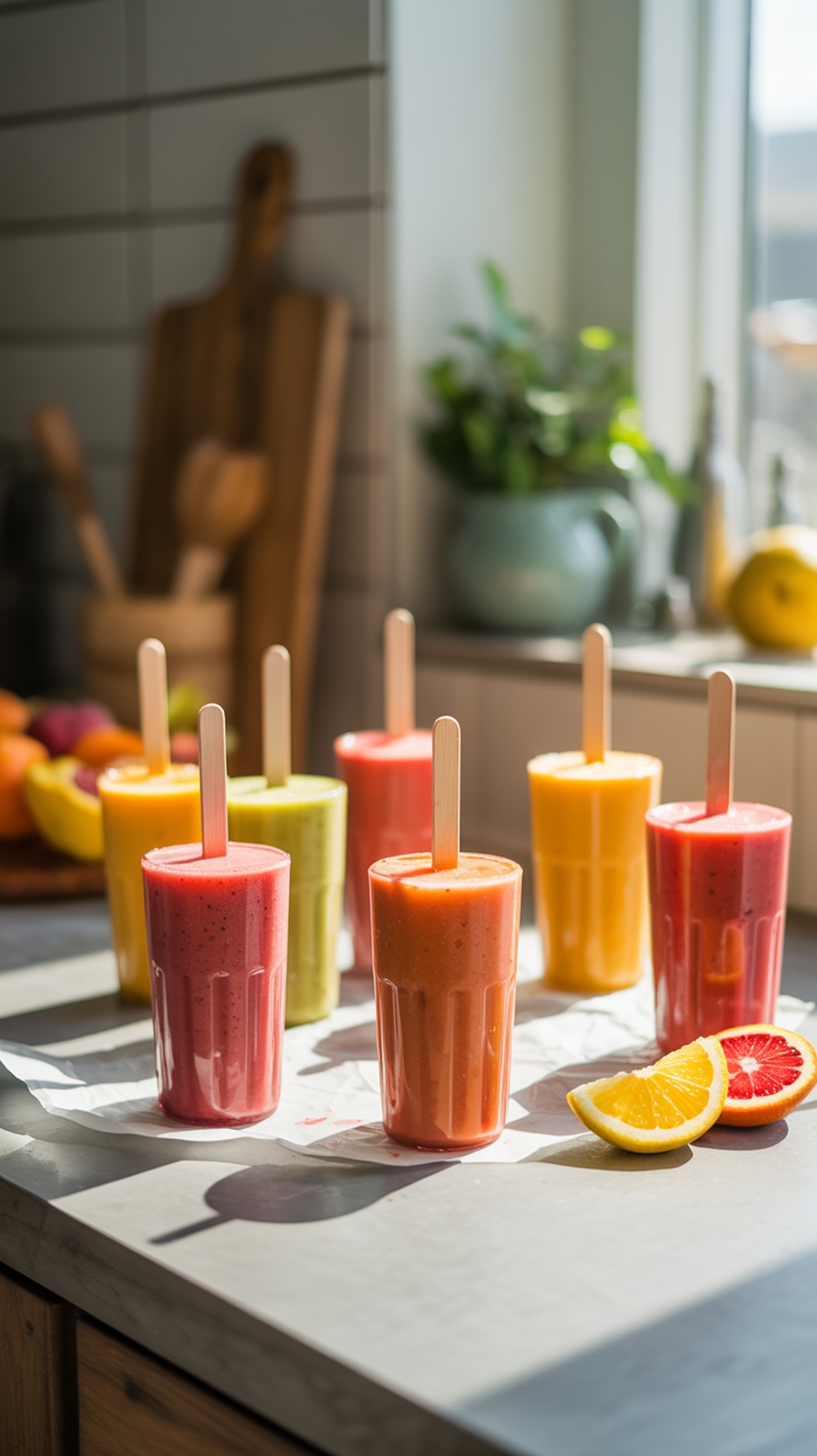 Colorful frozen fruit smoothie pops in cups