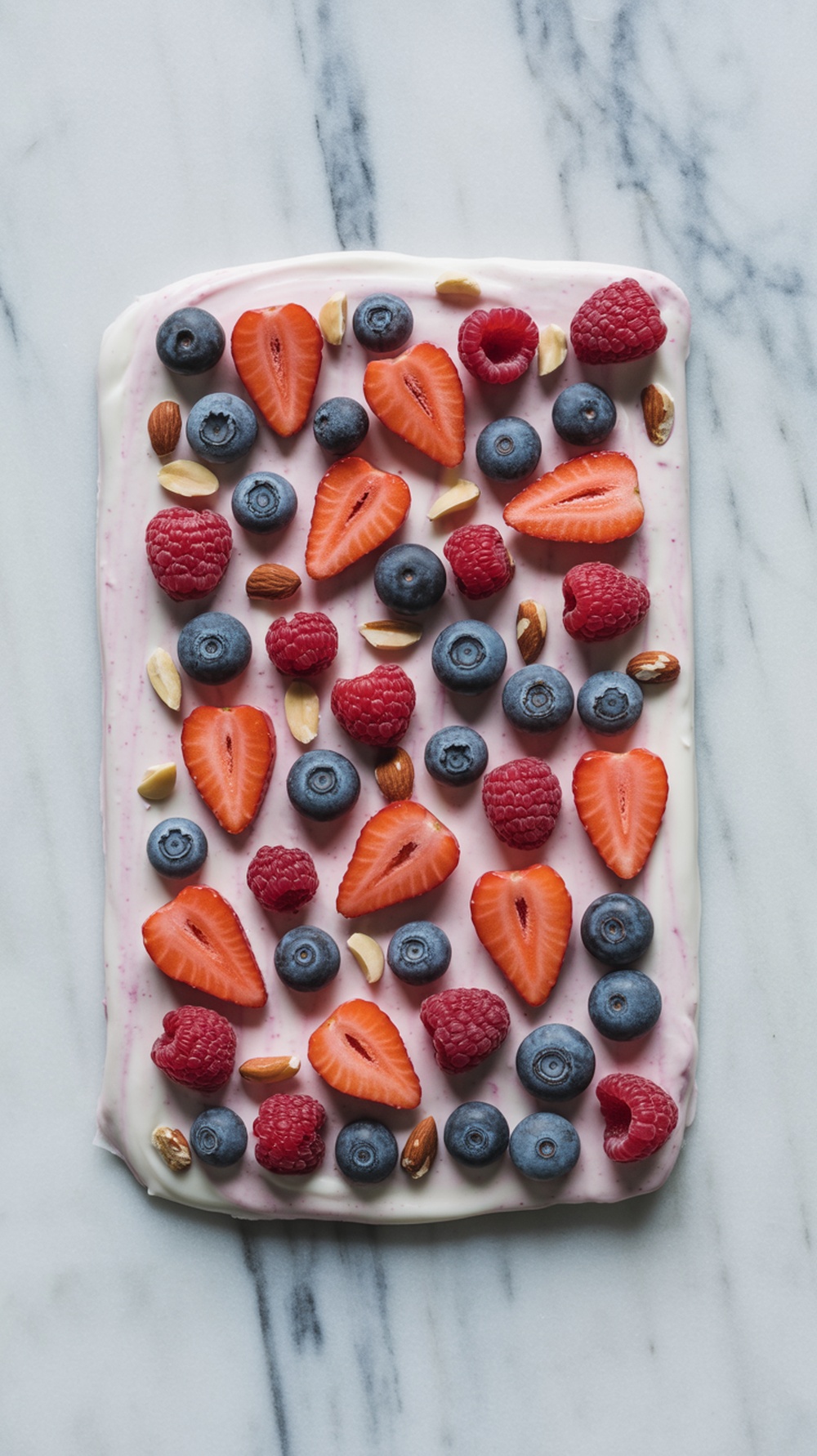 Frozen yogurt bark topped with strawberries, blueberries, raspberries, and almonds.