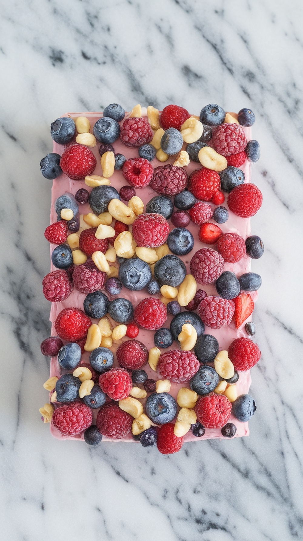 Frozen yogurt bark topped with mixed berries and nuts on a marble counter.