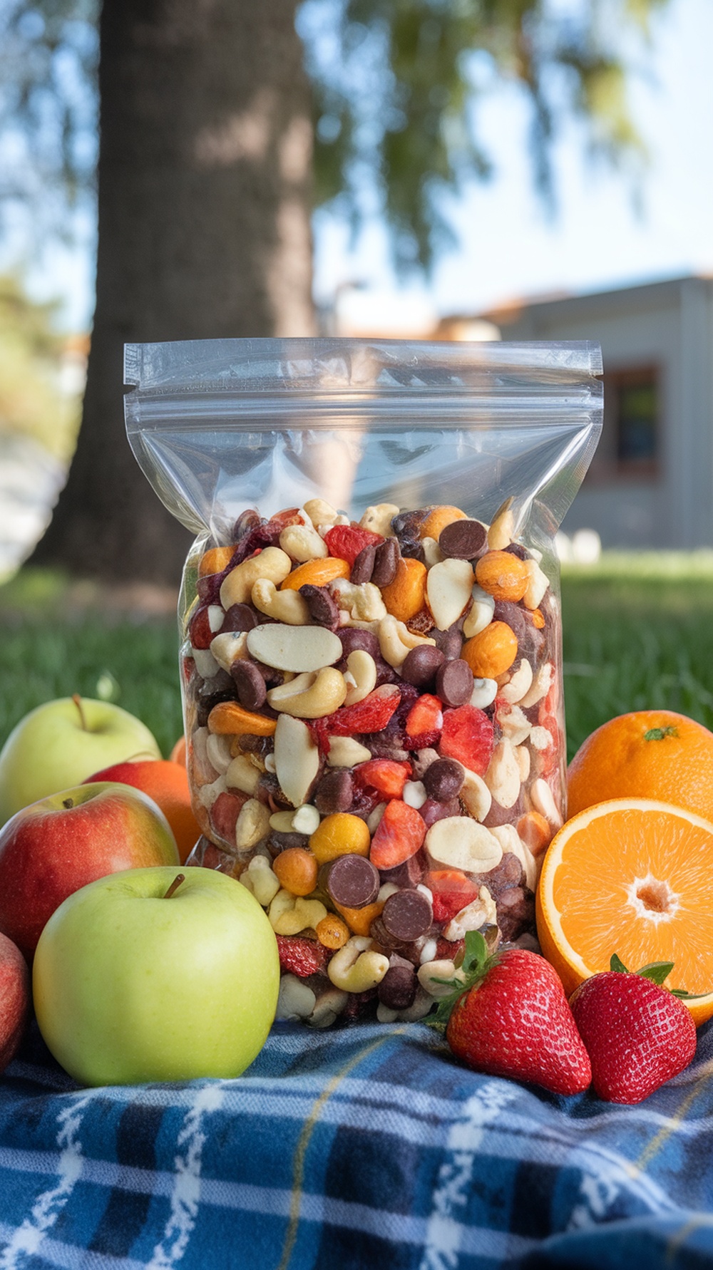 A bag of colorful fruit and nut trail mix surrounded by fresh fruits