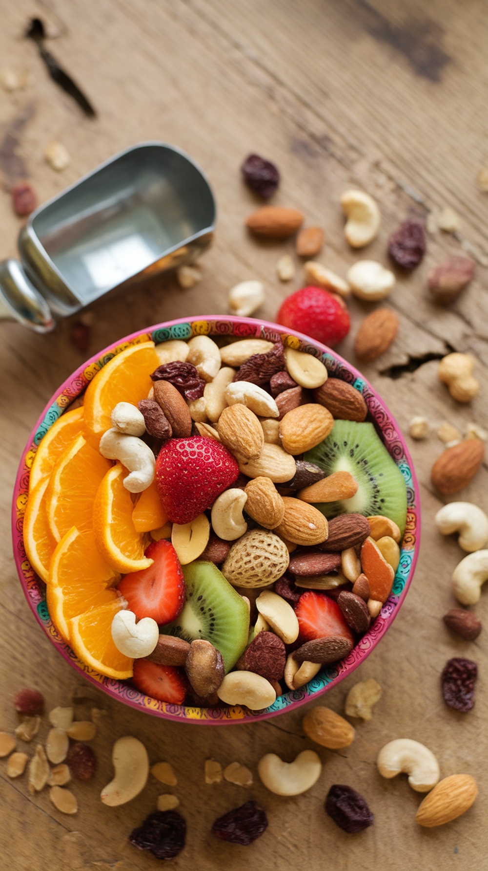 A colorful bowl of fruit and nut trail mix with strawberries, oranges, kiwis, and various nuts.