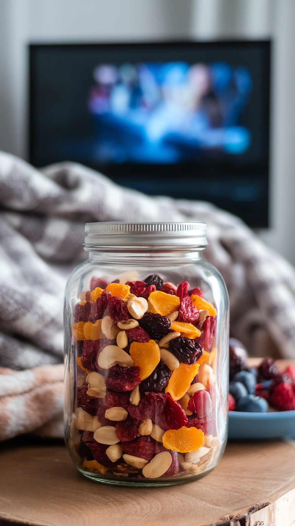 A jar of fruit and nut trail mix next to a cozy movie setup.