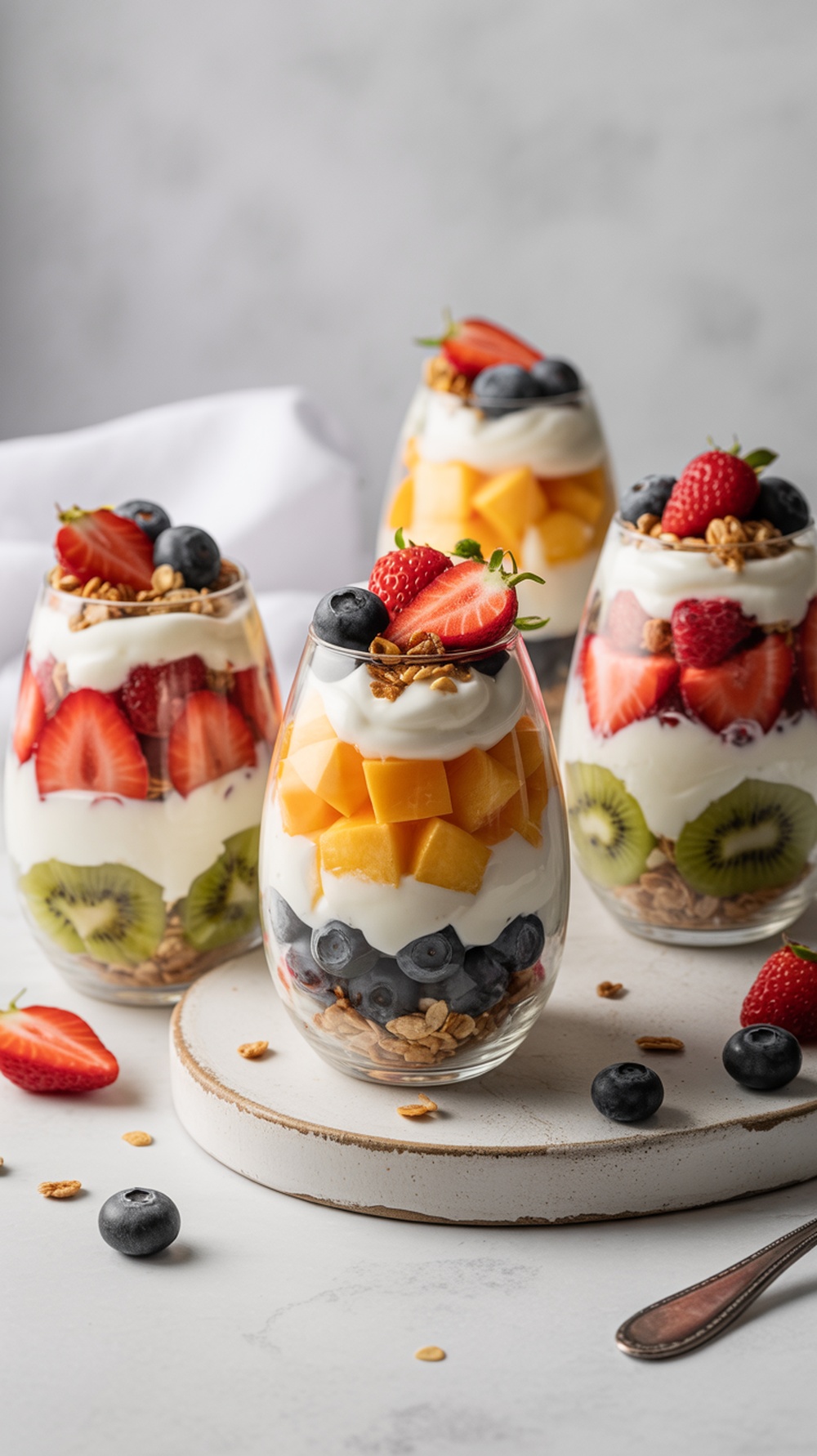 Colorful fruit and yogurt parfaits in clear glasses, layered with granola, strawberries, blueberries, kiwi, and mango, beautifully arranged for Easter.