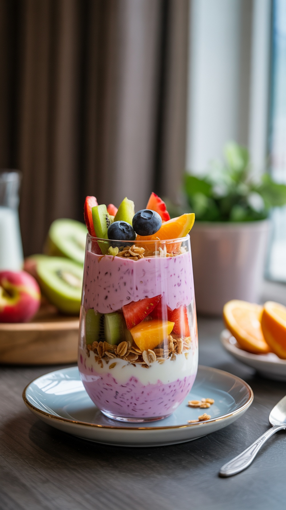 A colorful and delicious fruit and yogurt parfait in a glass, layered with yogurt, fresh fruits, and granola.
