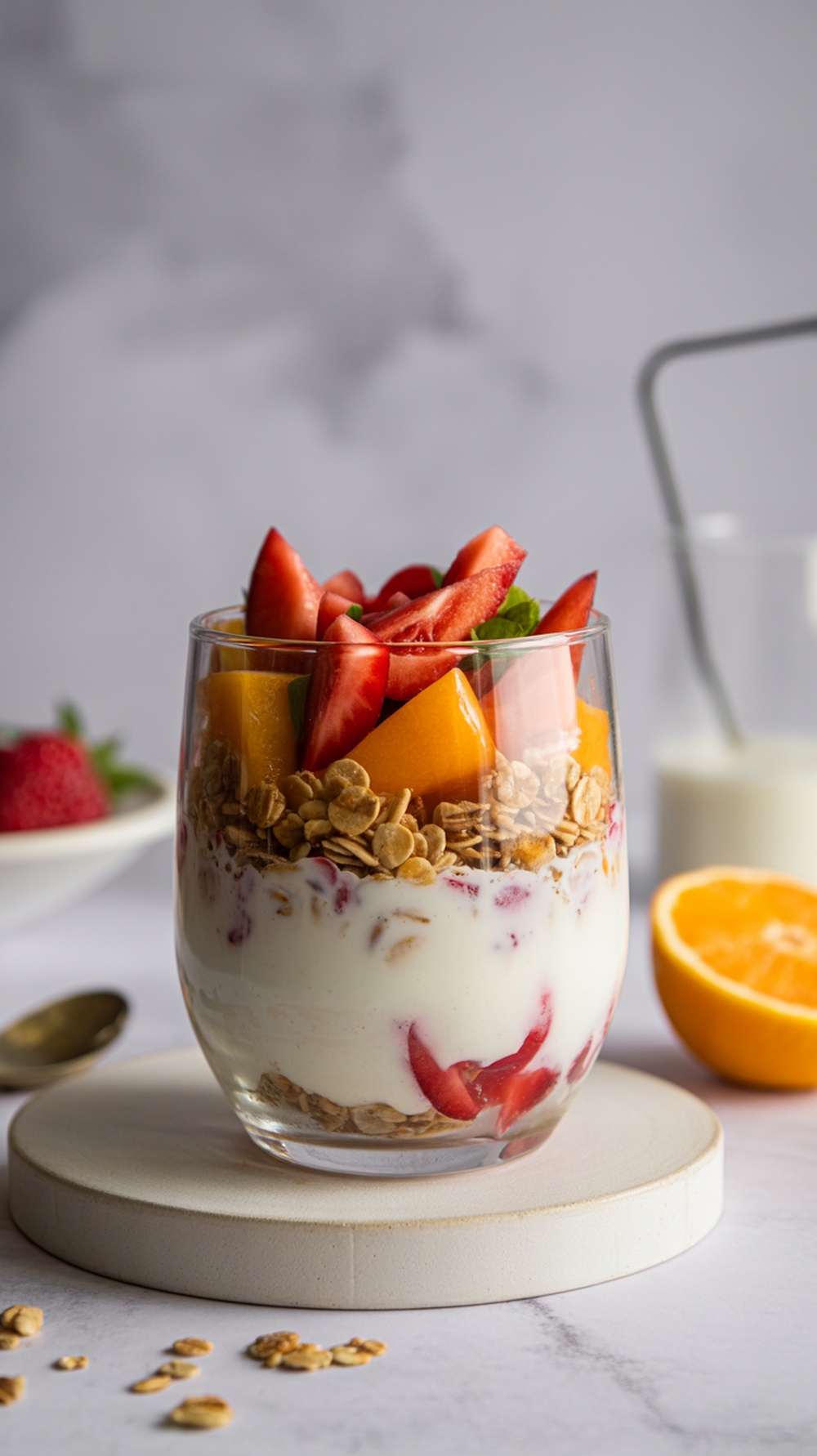 A colorful fruit and yogurt parfait layered with yogurt, granola, strawberries, and peaches.