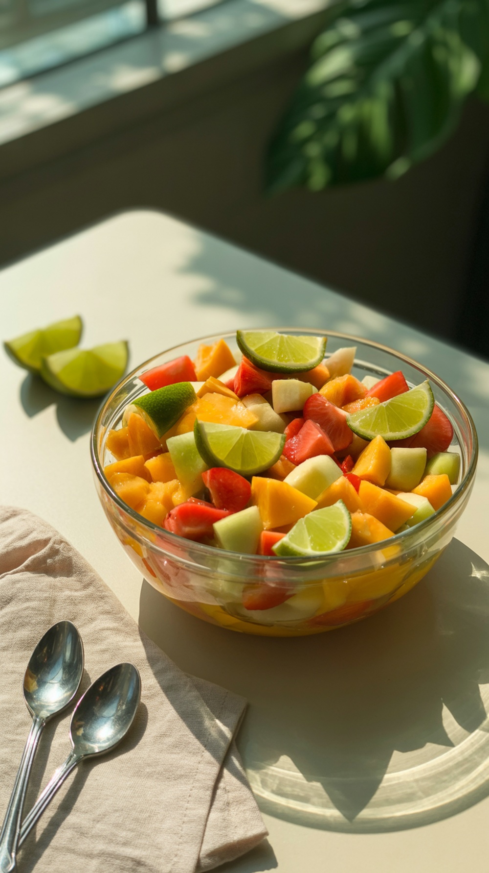 A vibrant fruit salad bowl filled with diced strawberries, mango, cantaloupe, and honeydew, garnished with lime wedges.