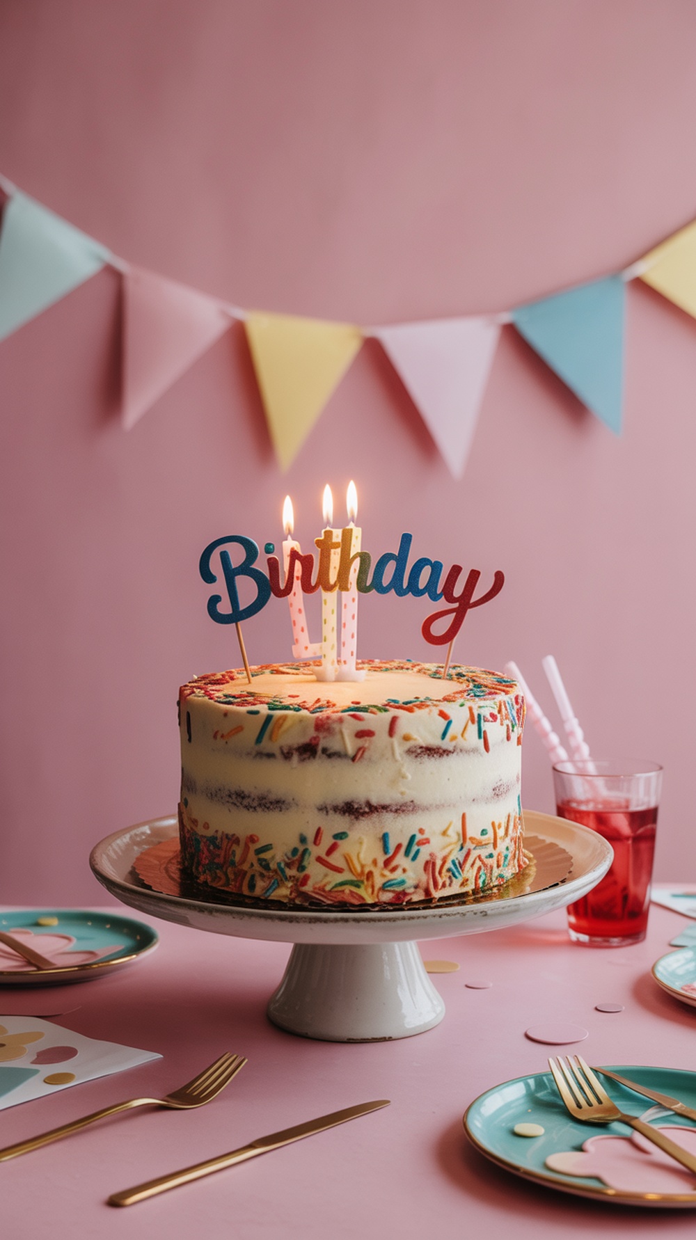 A celebratory funfetti cake adorned with colorful sprinkles and candles, set against a playful backdrop.