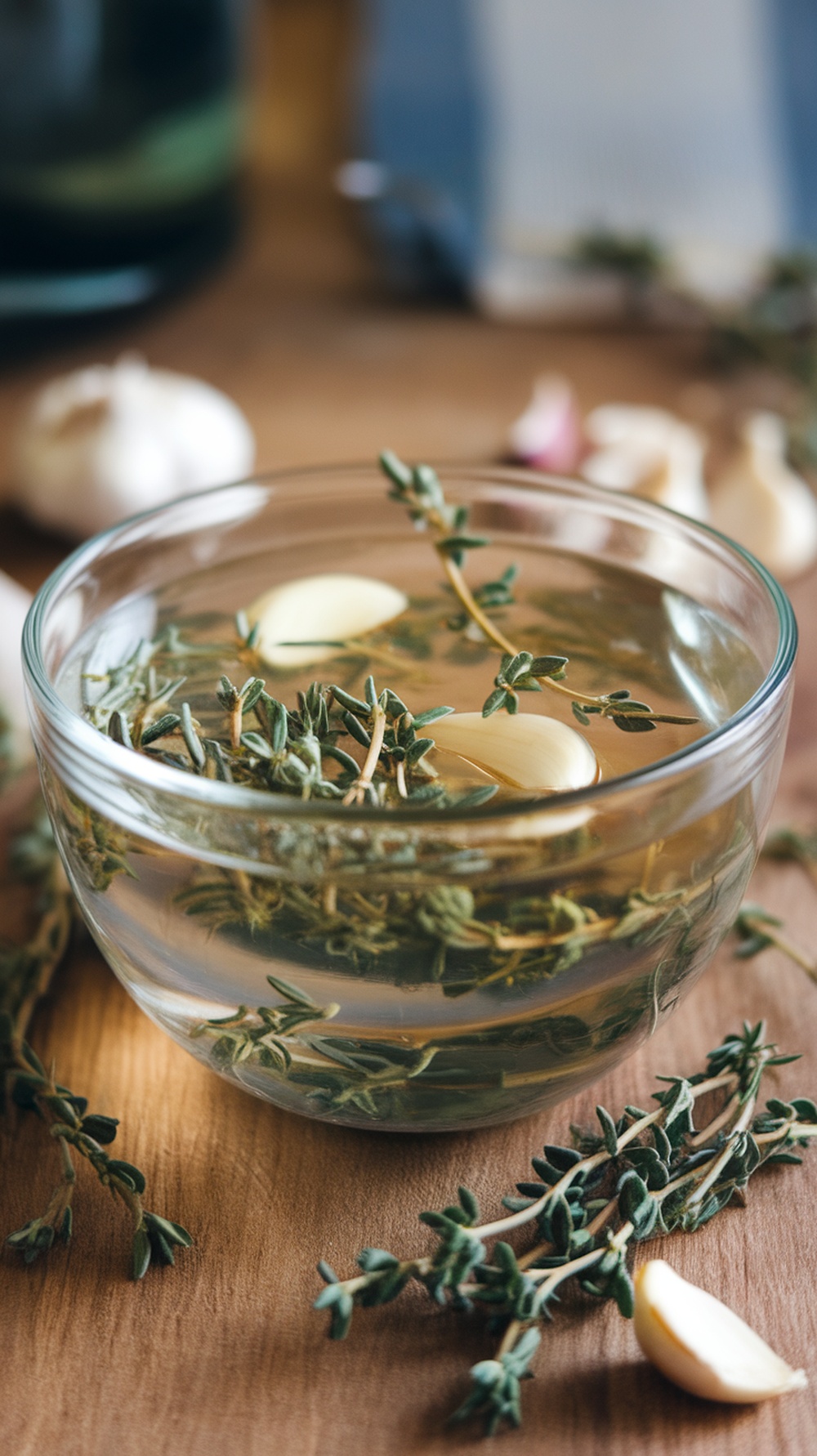 A bowl of garlic and thyme broth with garlic cloves and thyme sprigs around it.