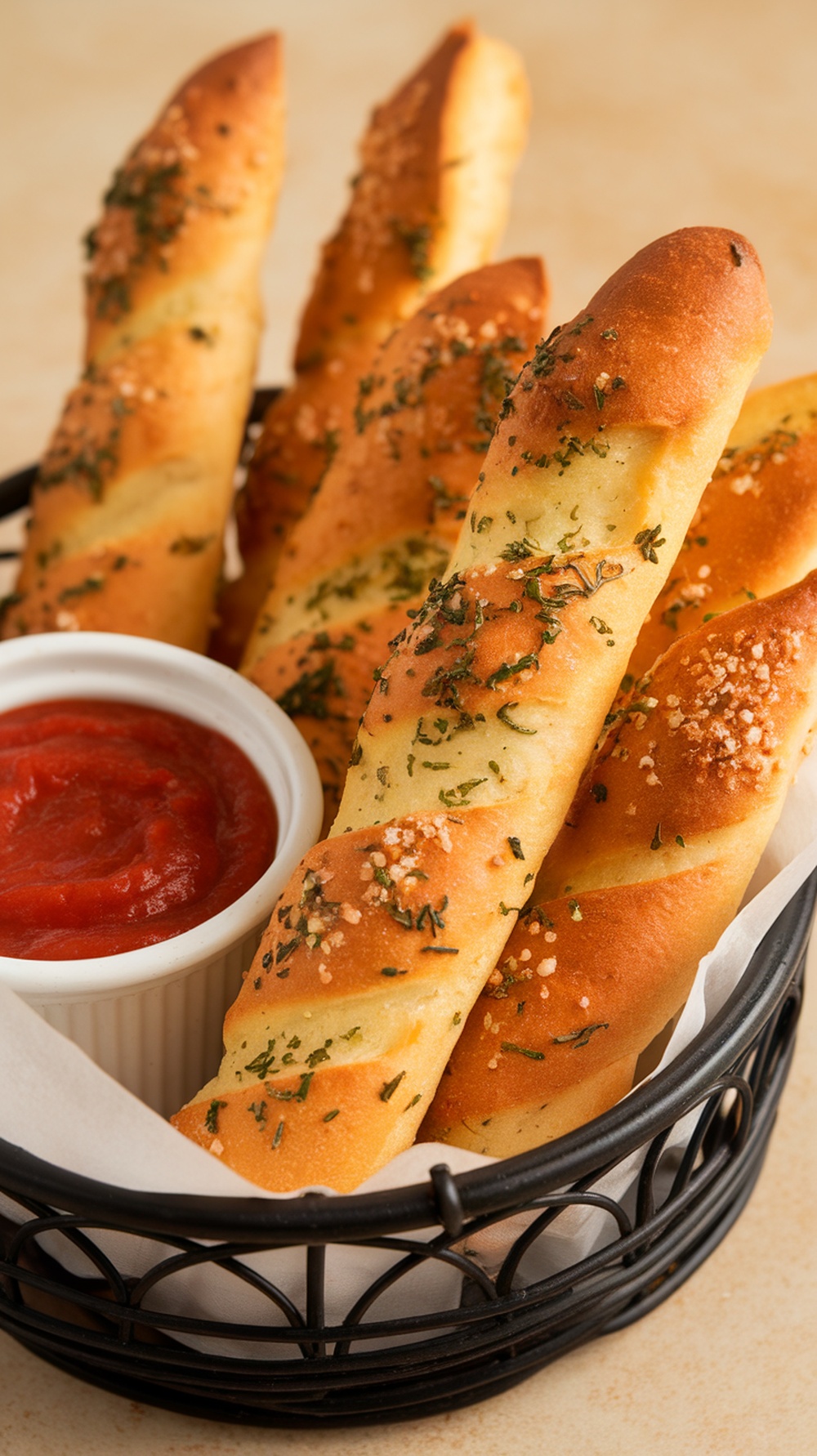 A basket of garlic parmesan breadsticks with marinara sauce