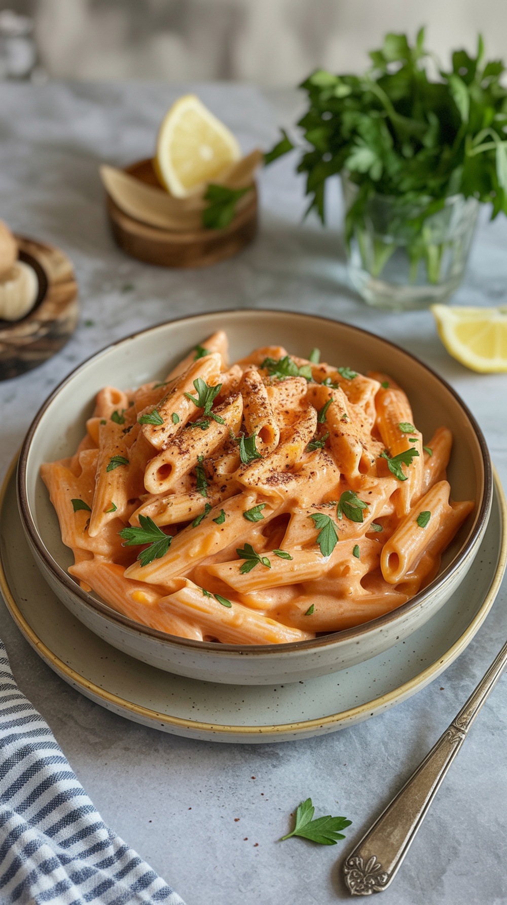 A bowl of creamy spicy vodka pasta garnished with parsley.