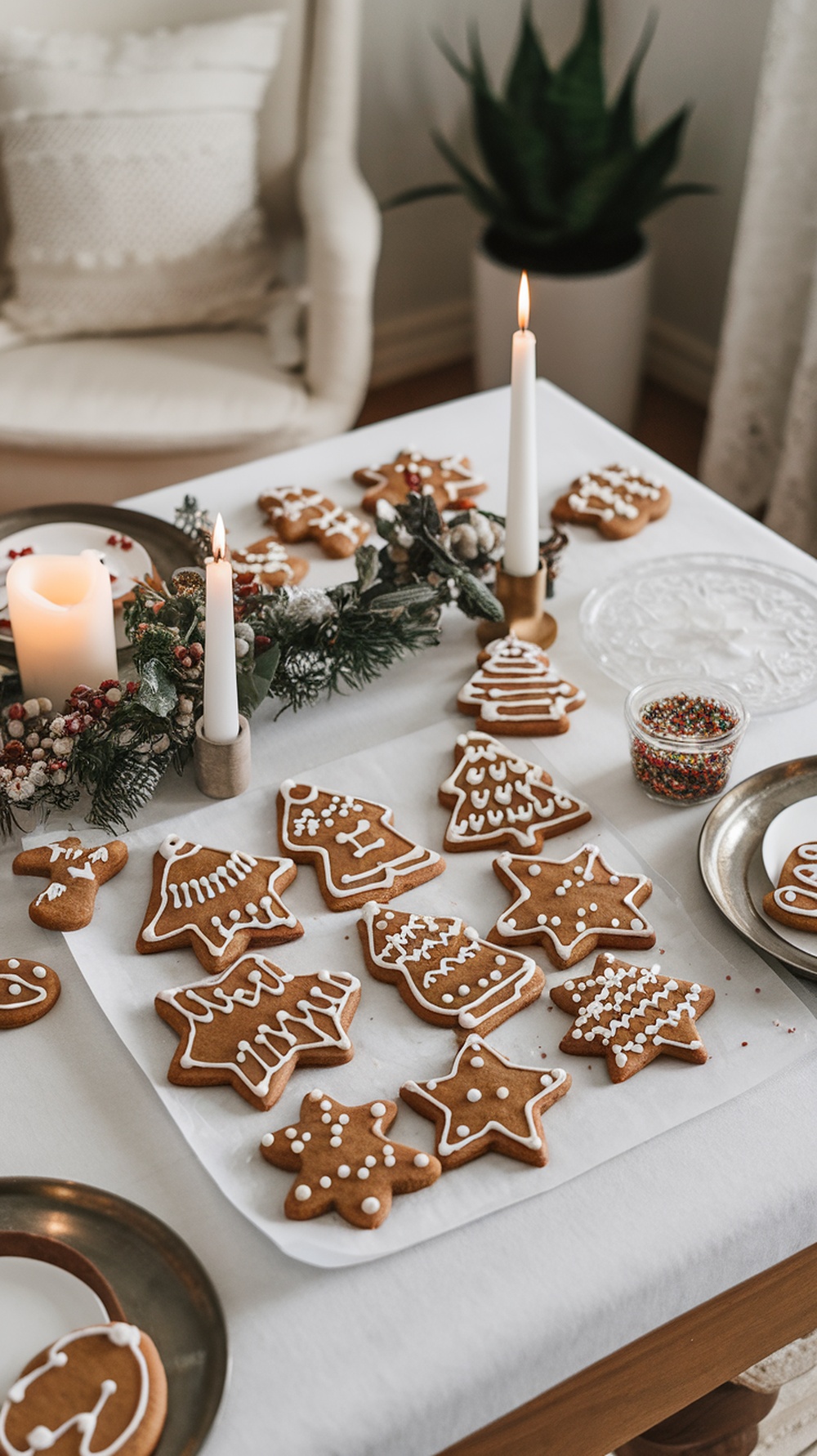 A table filled with decorated gingerbread cookies in various festive shapes.