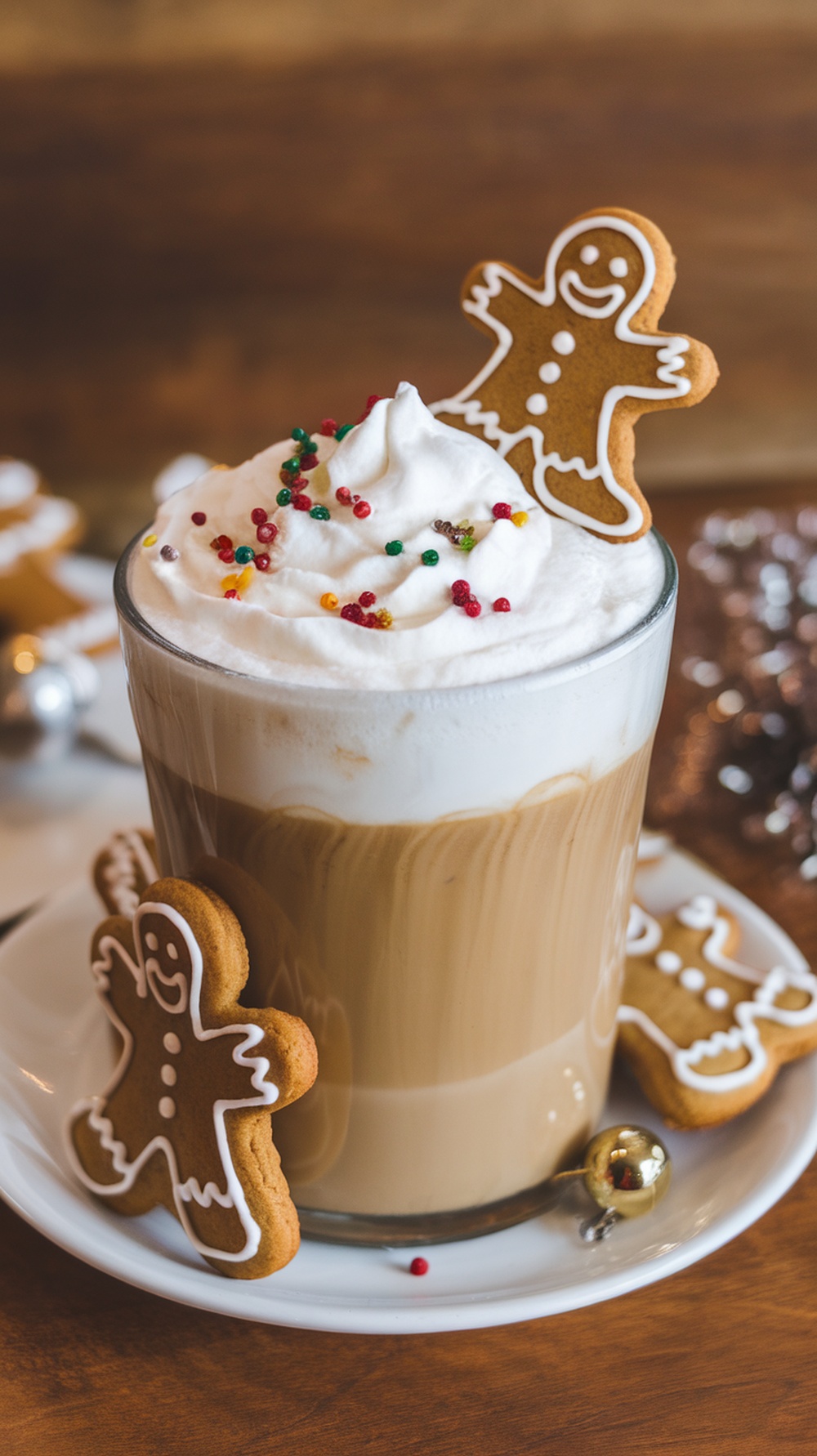 A delicious gingerbread latte topped with whipped cream and a gingerbread cookie.