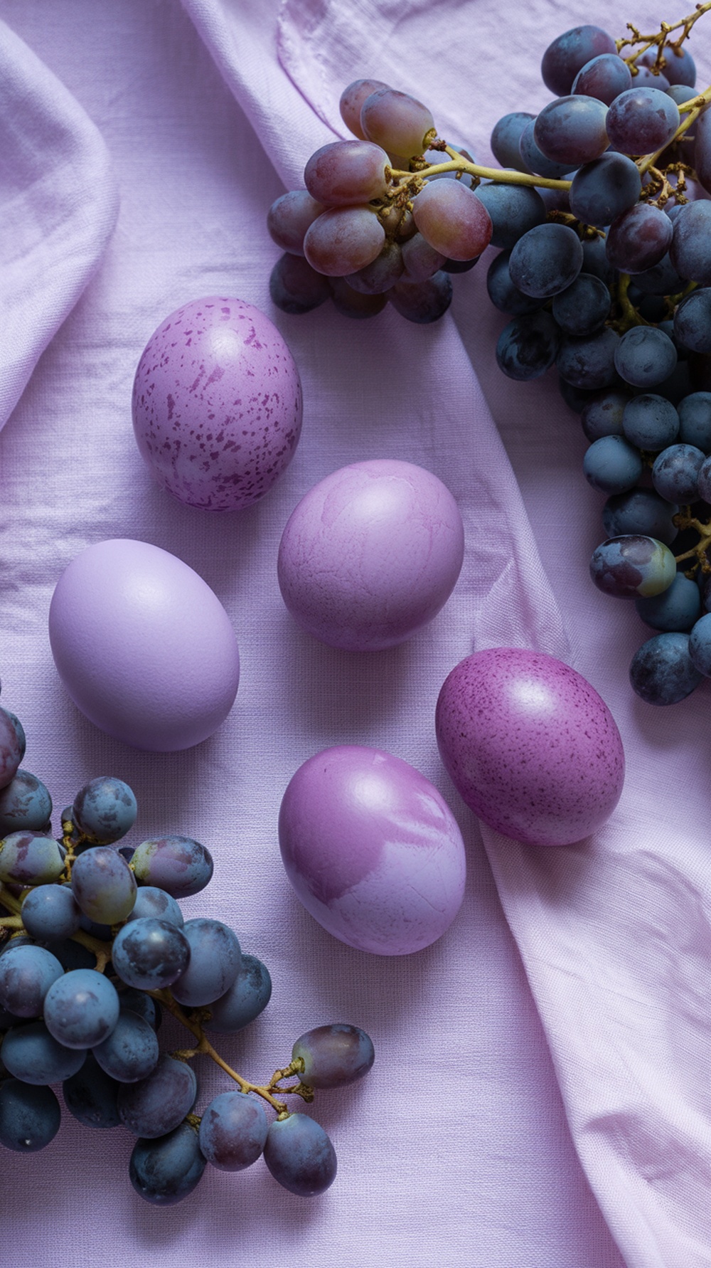 Easter eggs dyed in various shades of lavender next to fresh grapes on a soft purple background.