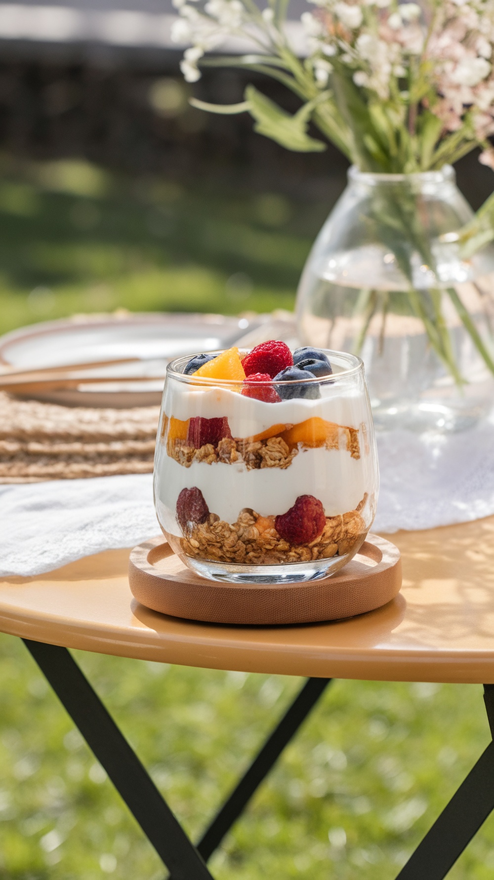 A delicious Greek yogurt parfait with layers of yogurt, granola, and fresh fruits.