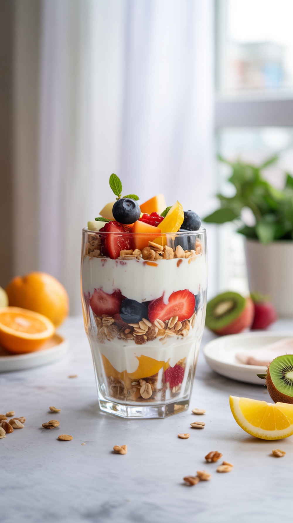 Delicious Greek yogurt parfait layered with fruits and granola