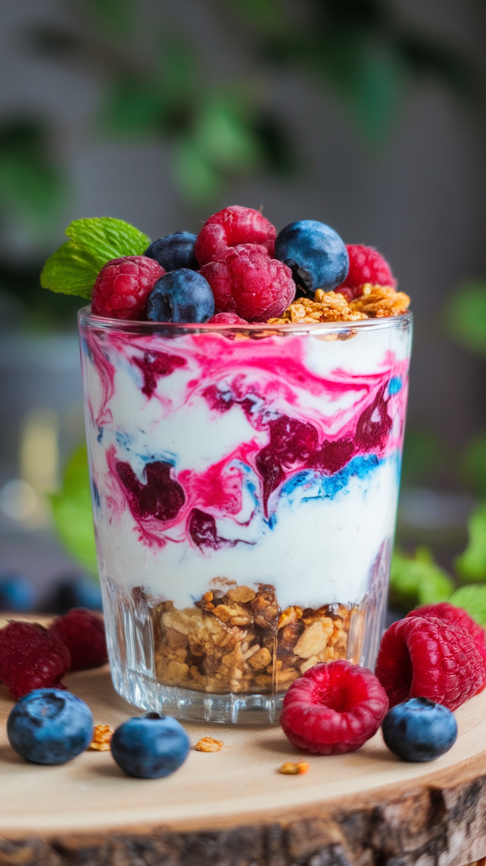 A colorful Greek yogurt parfait with layers of yogurt, berries, and granola.