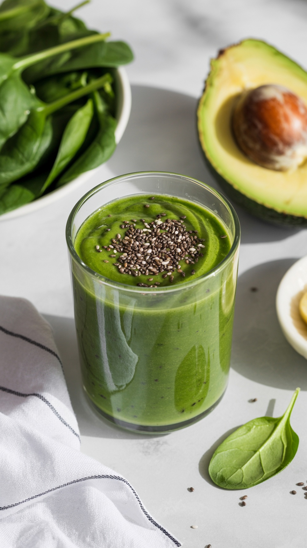 A green smoothie made with spinach and avocado, topped with chia seeds.