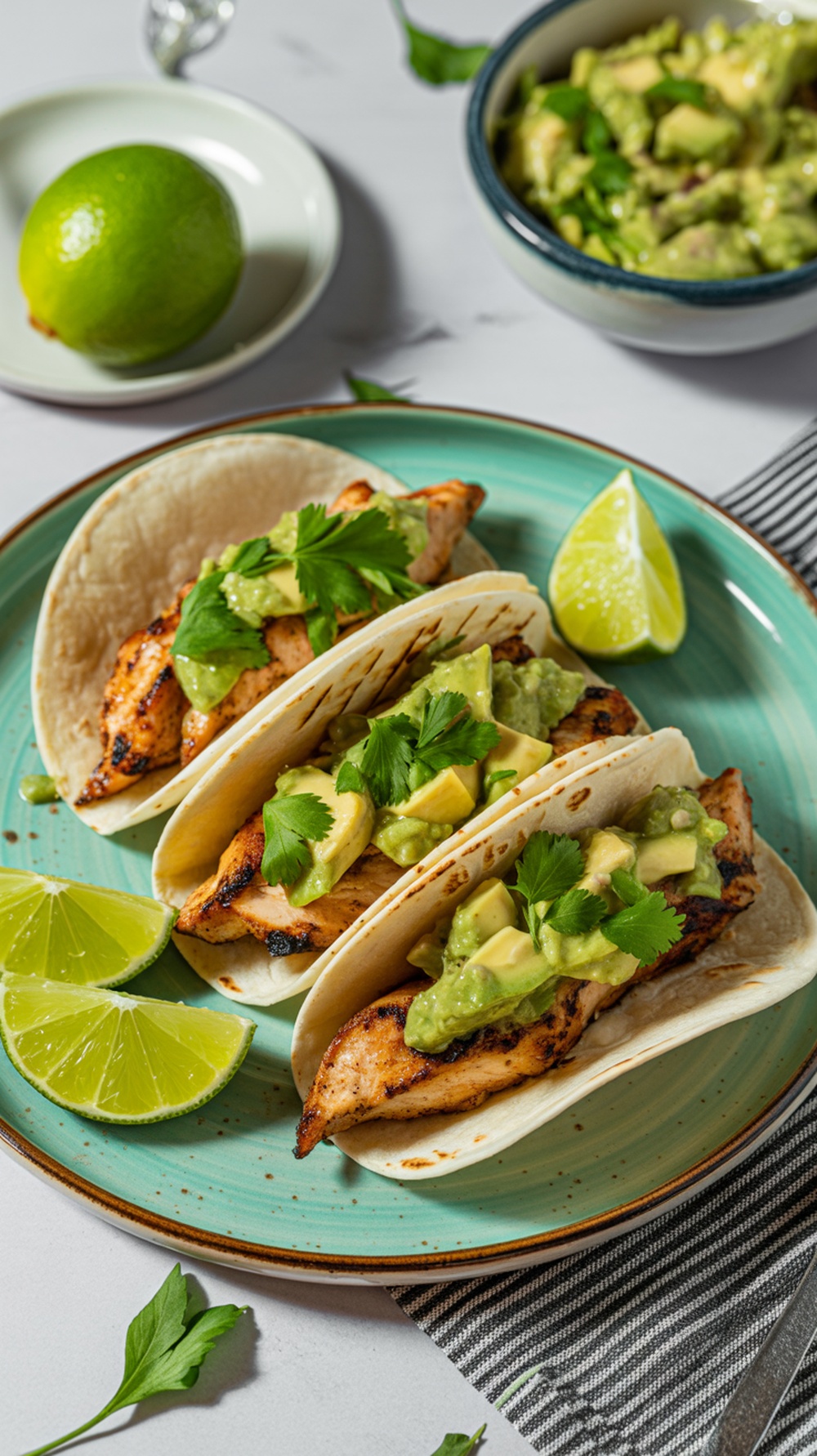 Grilled chicken tacos with avocado salsa on a plate