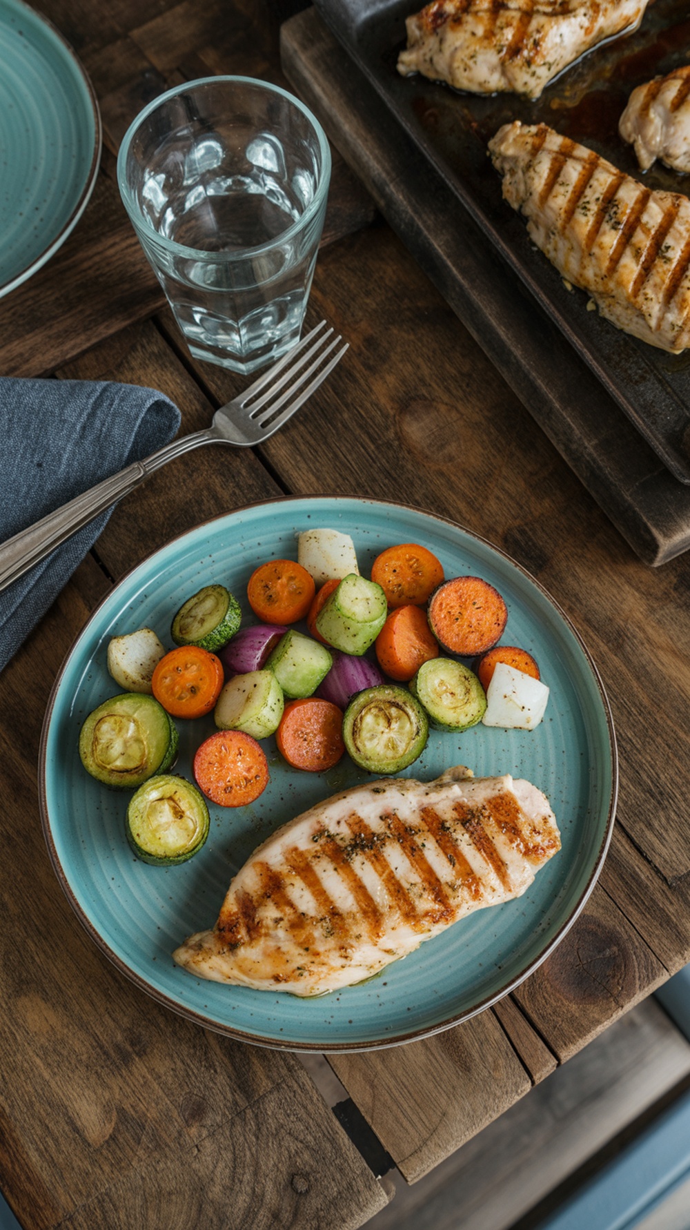 A plate with grilled chicken and colorful roasted vegetables.